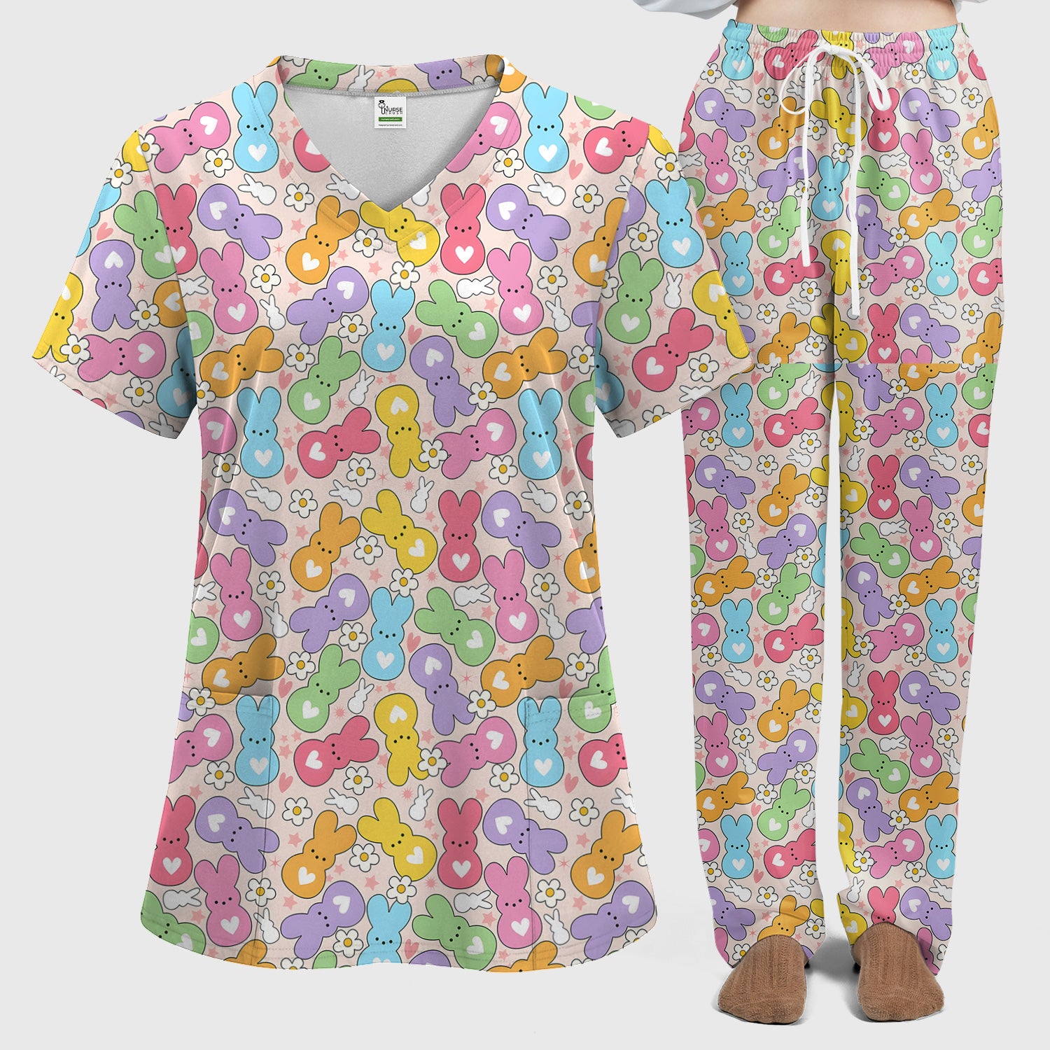 Sweet Pastel Bunny Daisy Pattern Scrub Sets, Scrub Pants and V Neck Top