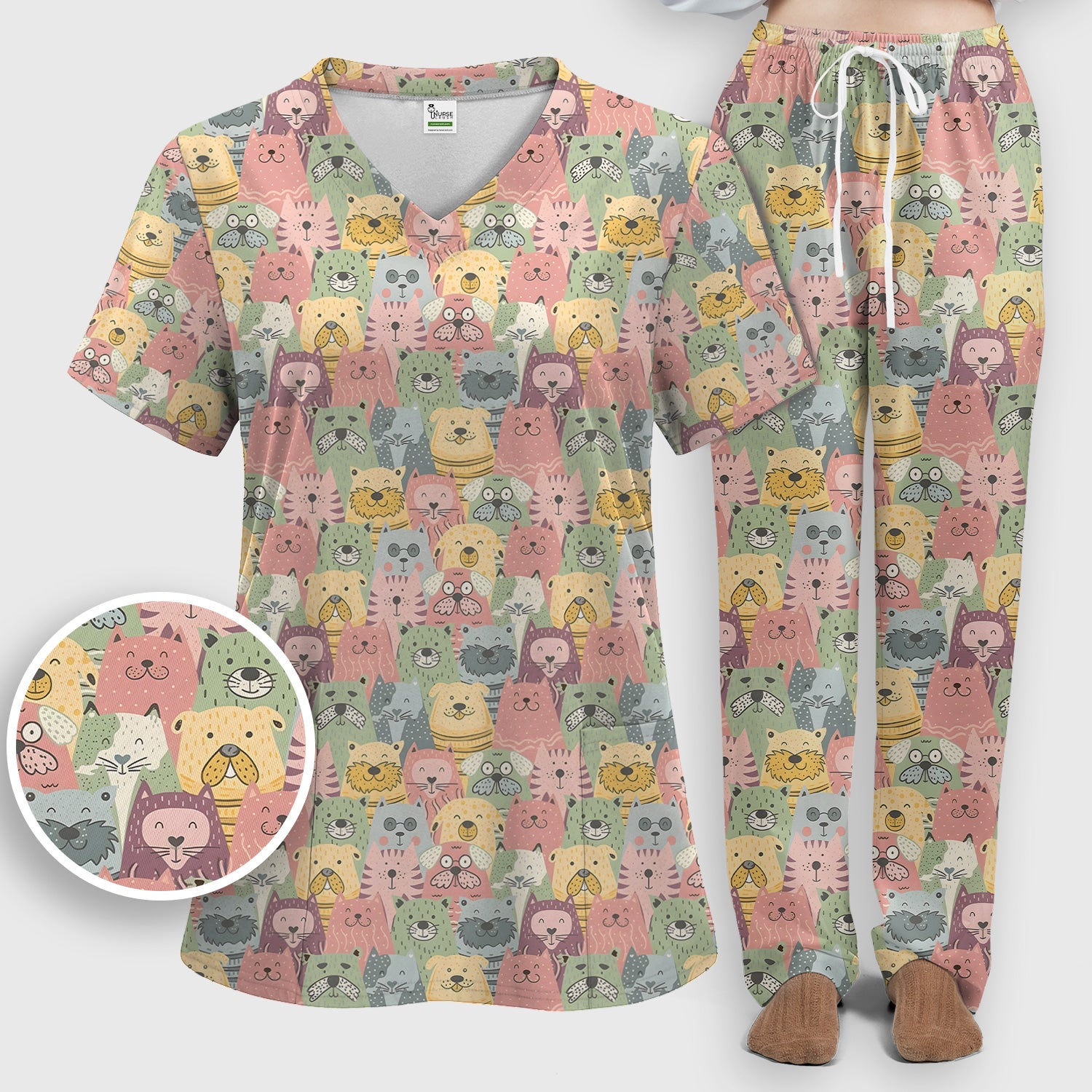 Cartoon Cat & Dog Faces Pattern Scrub Set, Scrub Pants and V Neck Top