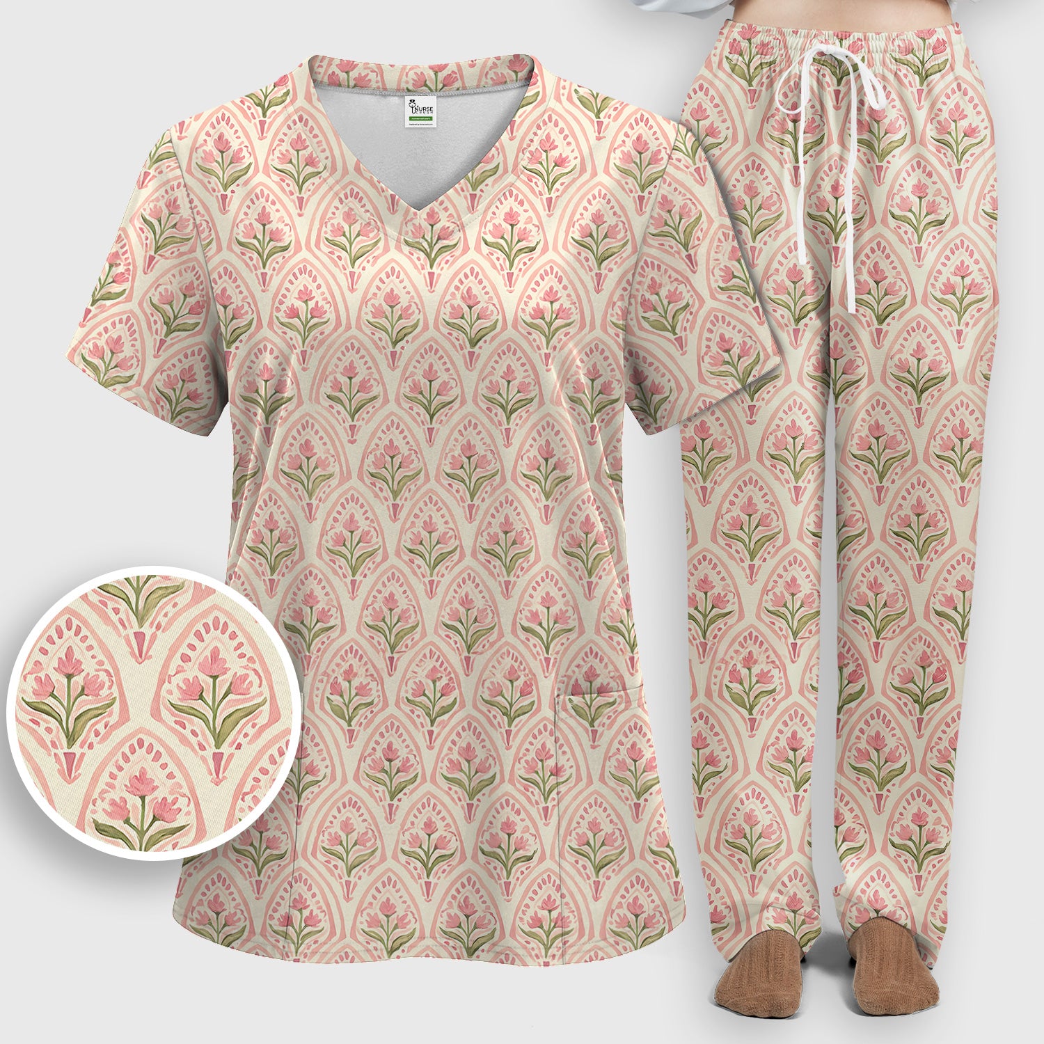 Pink Tulip Floral Arch Pattern Scrub Set, Scrub Pants and V Neck Top