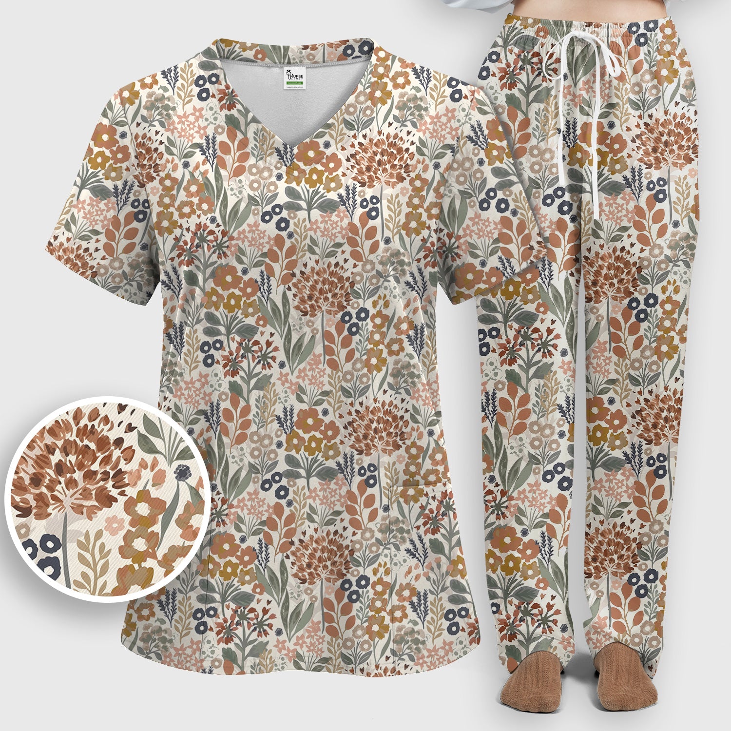 Vintage Botanical Floral Pattern Scrub Set, Women's Scrub Sets
