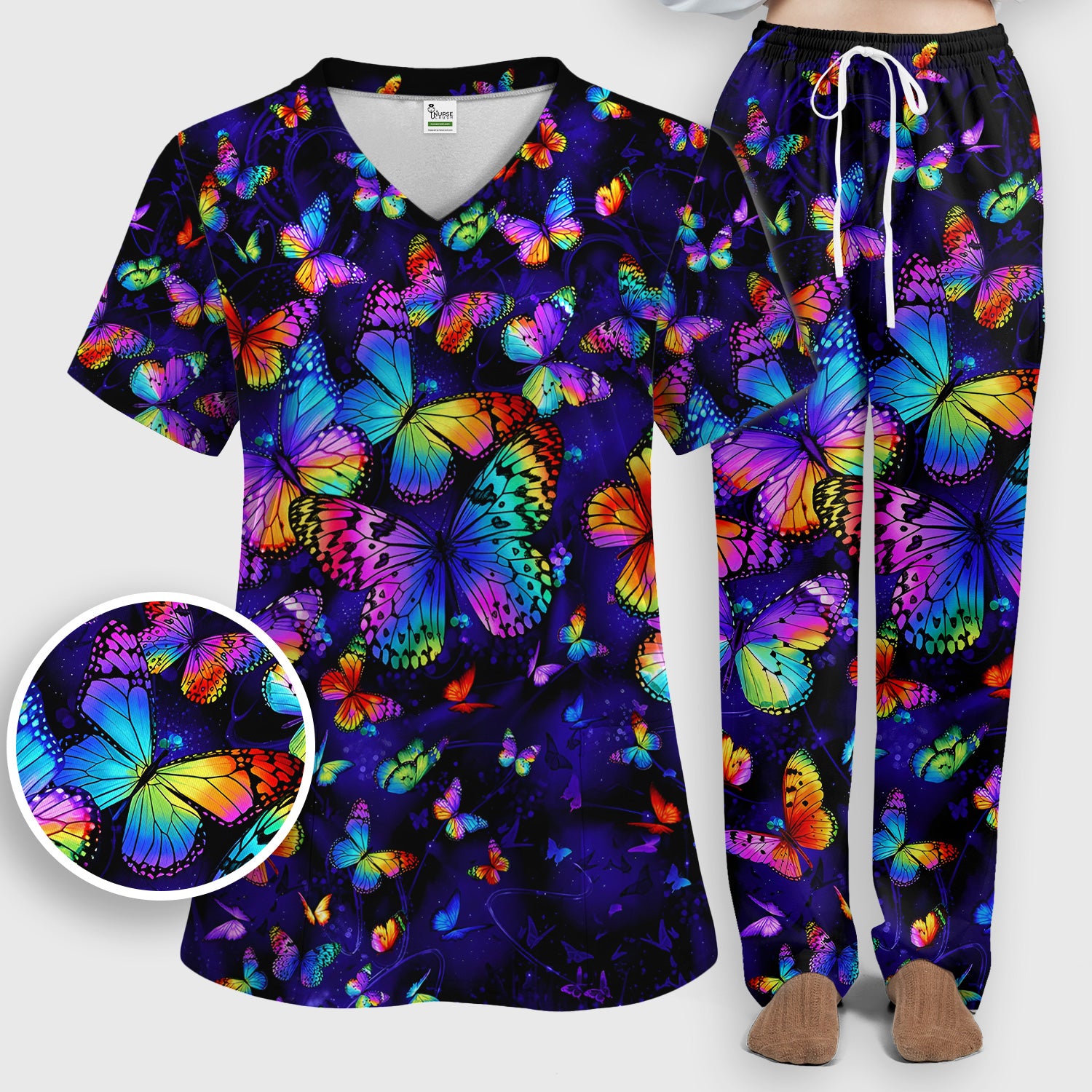 Vibrant Rainbow Butterfly Galaxy Pattern Scrub Set, Scrub Pants and V Neck Top