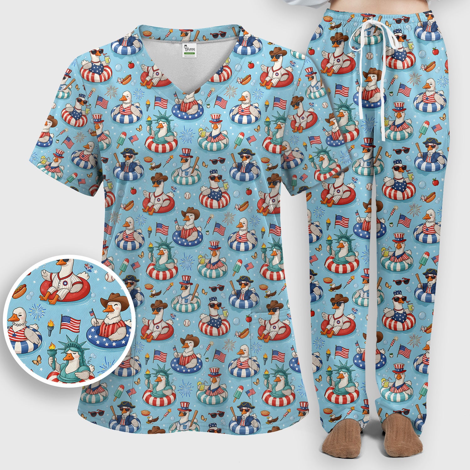 Funny Patriotic Duck Pool Party Pattern Scrub Set, Scrub Pants and V Neck Top