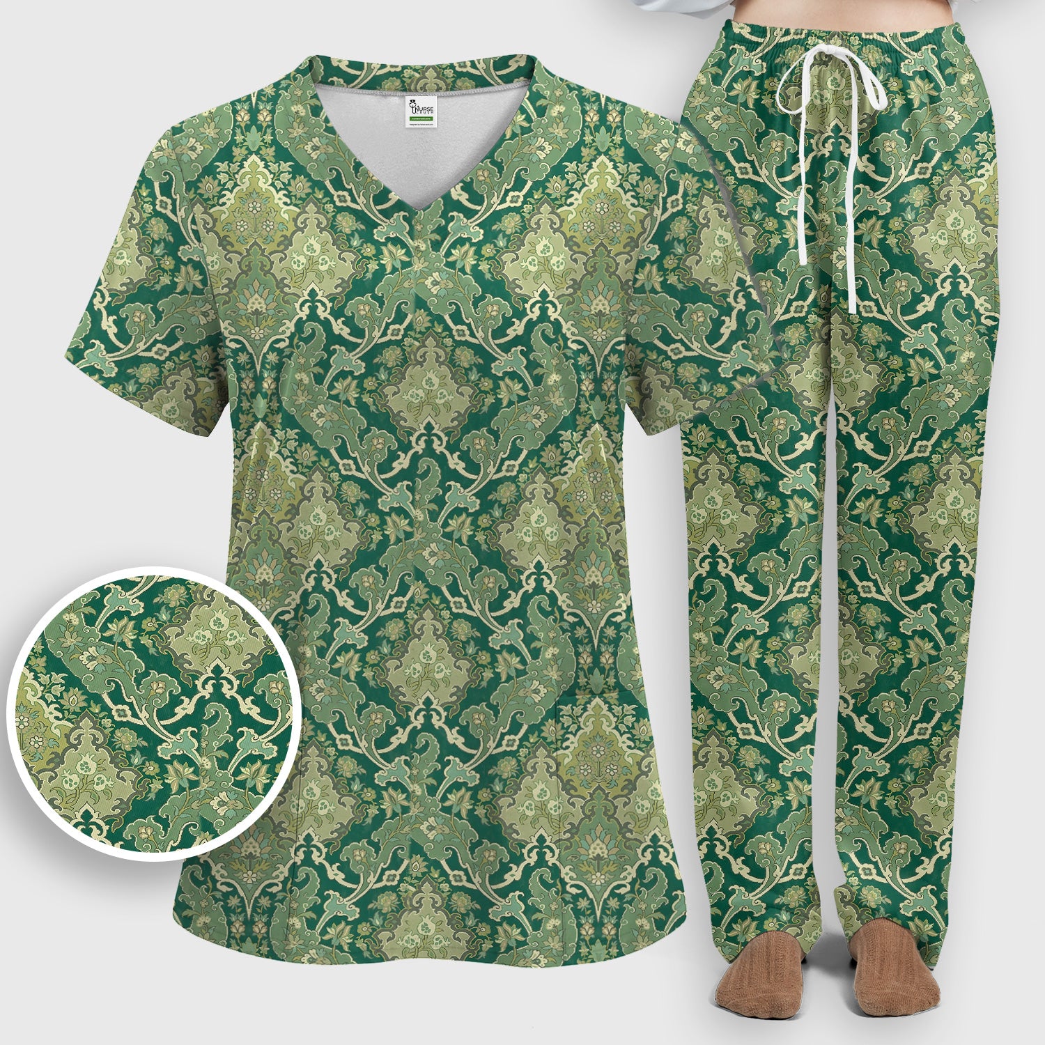 Green Vintage Damask Ornamental Pattern Scrub Set, Scrub Pants and V Neck Top