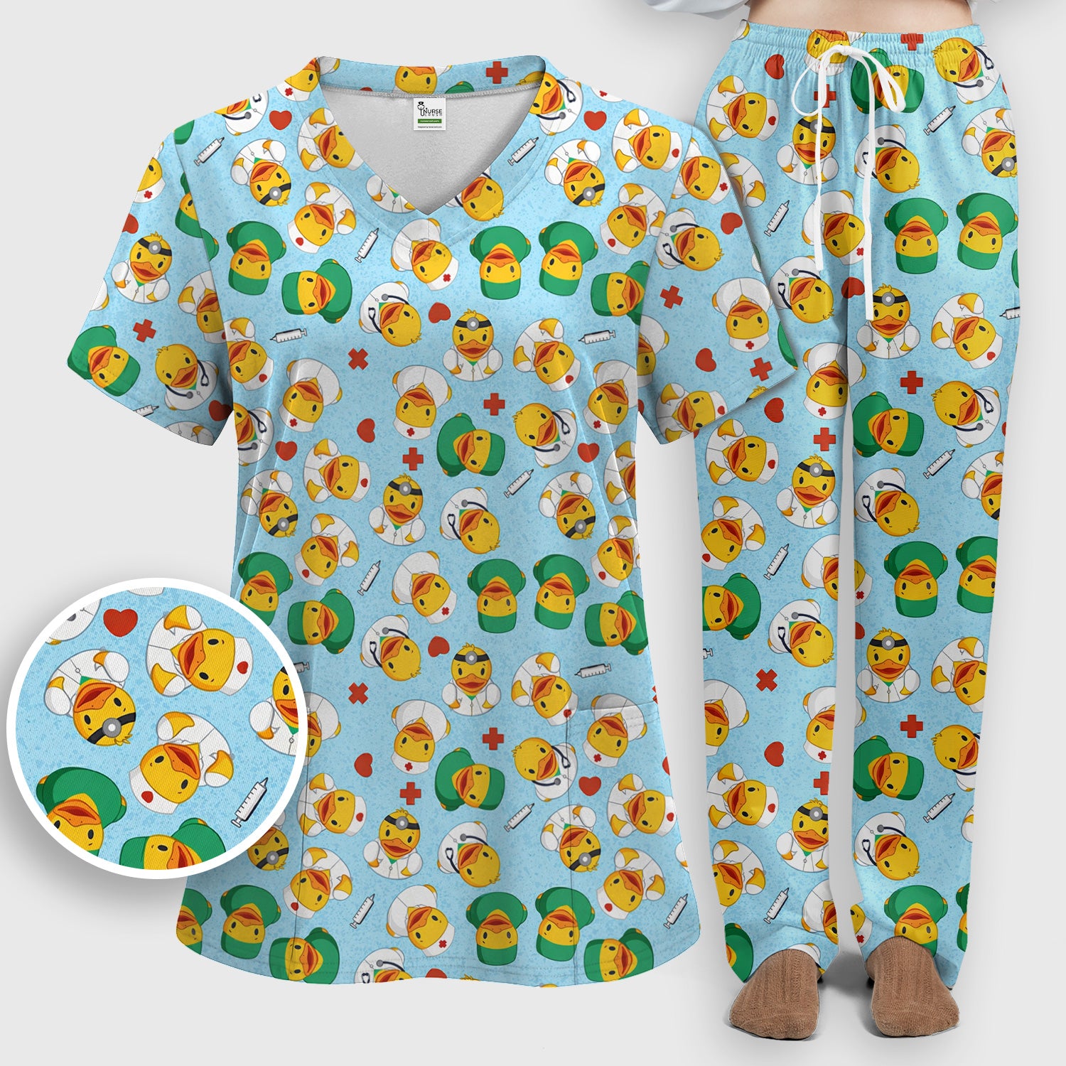 Duck Doctor Cartoon Pattern Scrub Set, Scrub Pants and V Neck Top