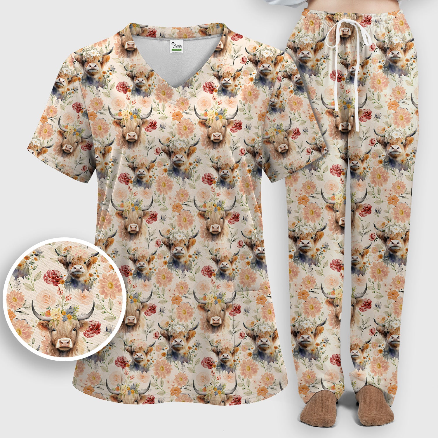 Cute Highland Cow Floral Pattern Scrub Set, Scrub Pants and V Neck Top