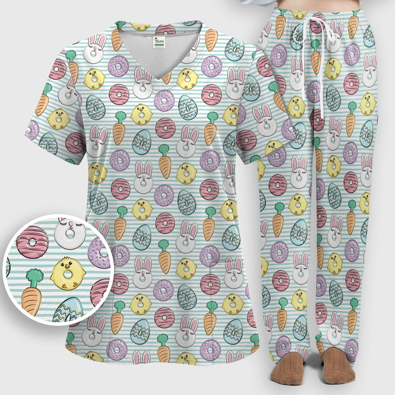 Funny Easter Chick Bunny Pattern Scrub Set, Scrub Pants and V Neck Top