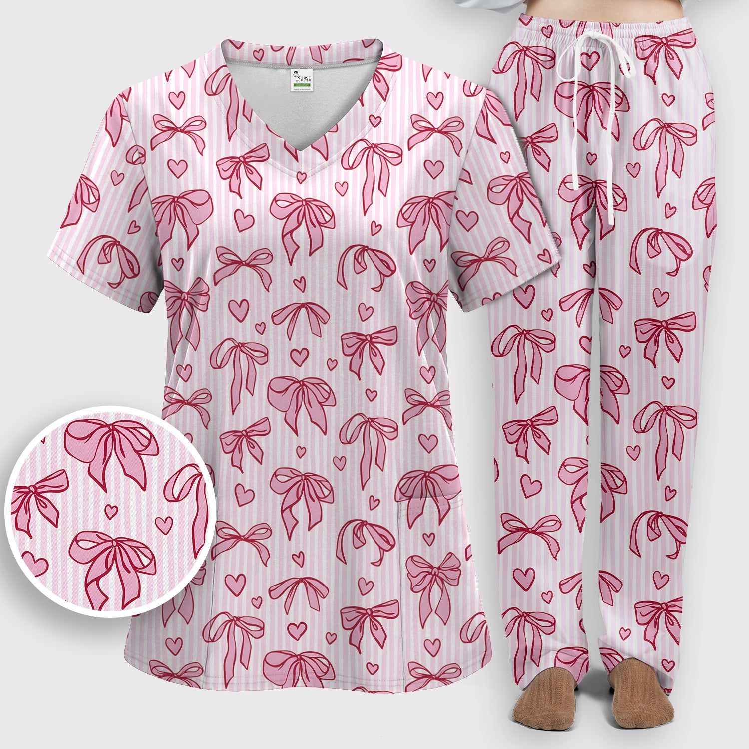 Pink Bow Heart Stripe Pattern Scrub Set, Scrub Pants and V Neck Top