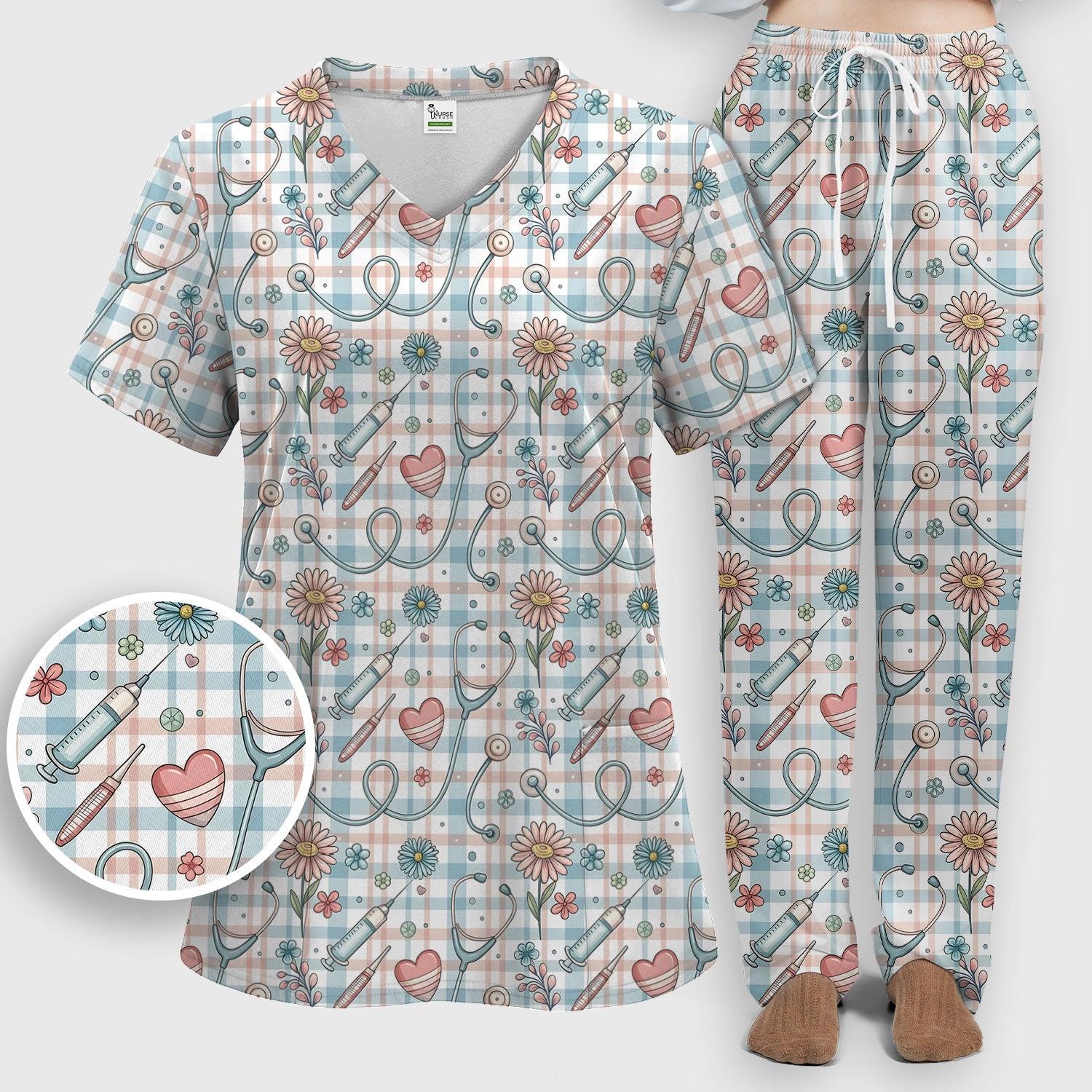 Stethoscope Heart Syringe Floral Plaid Pattern Scrub Set, Scrub Pants and V Neck Top