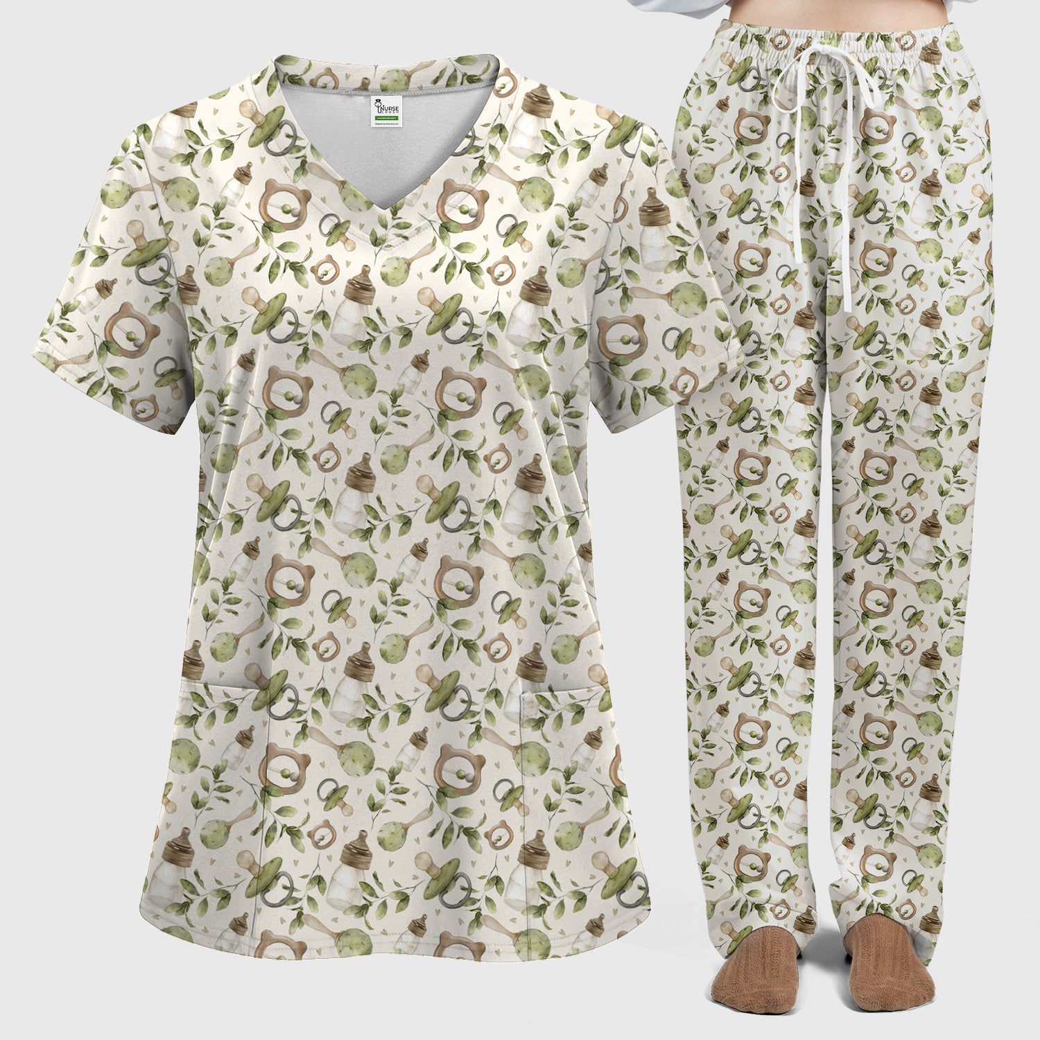 Cute Baby Bottle and Greenery Pattern Scrub Set, Breathable Med Uniform