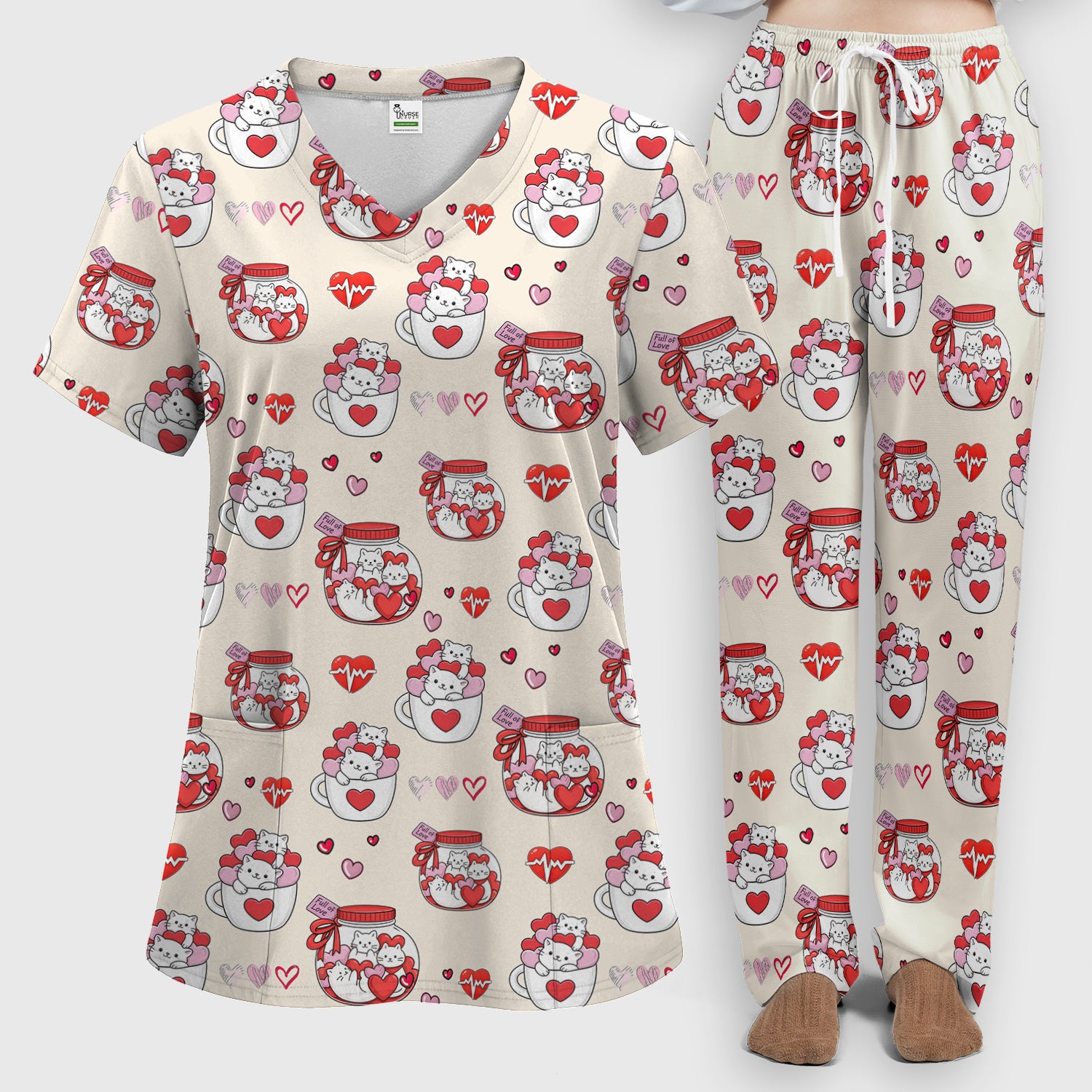 Cute Cat Valentine Nurse Scrub Set, Women's Scrub Sets Breathable Uniform