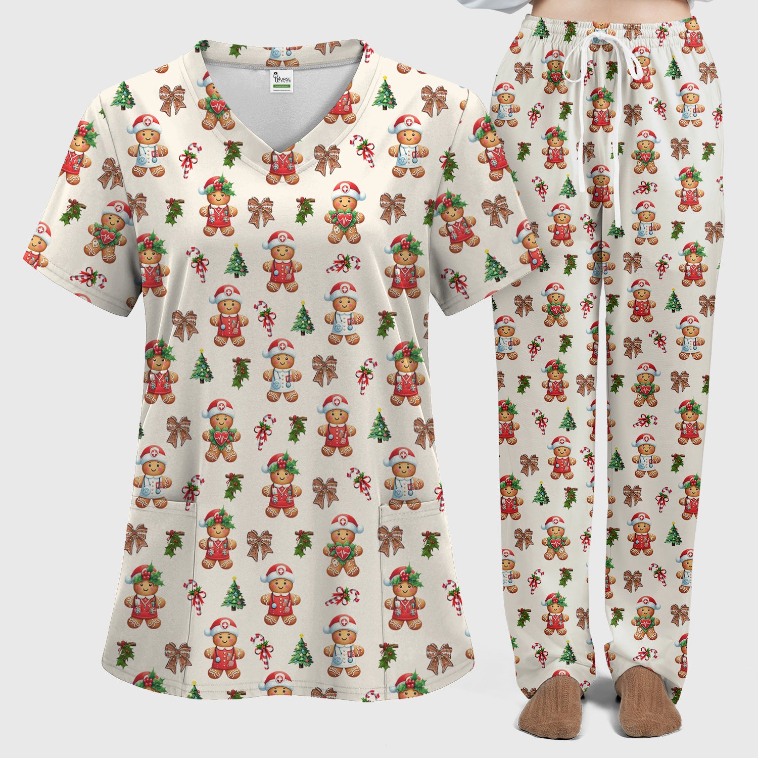 Funny Gingerbread Christmas Scrub Set - Cute Cookie with Bow Scrubs Pants and V Neck Top - Festive Holiday Gift for Women