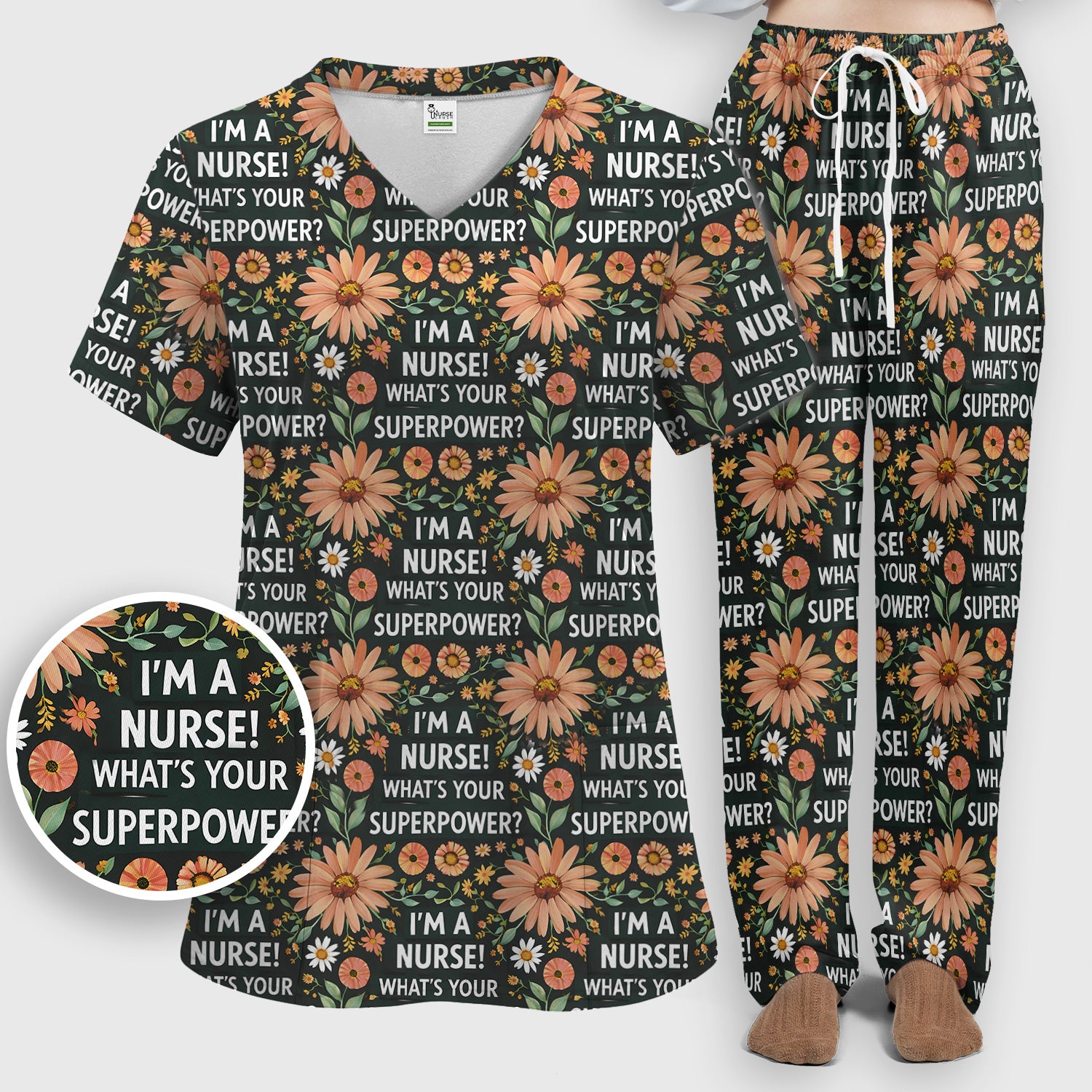 Funny Nurse Superpower Floral Pattern Scrub Set, Scrub Pants and V Neck Top