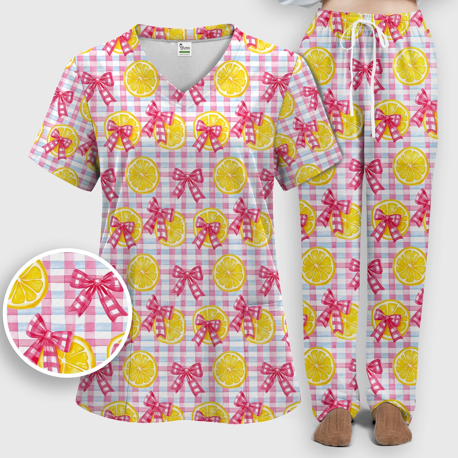 Cute Lemon Slice Pink Bow Gingham Pattern Scrub Set, Scrub Pants and V Neck Top