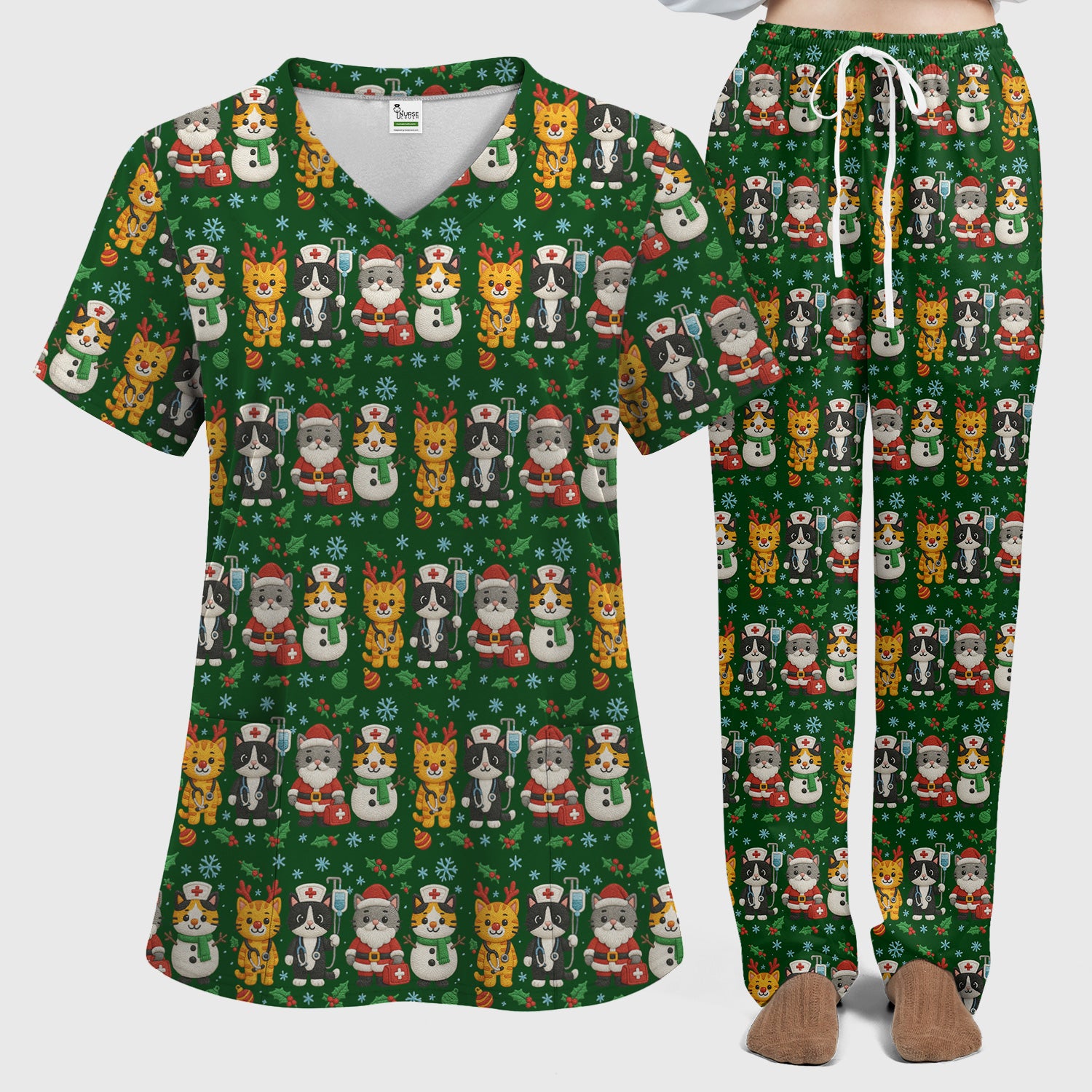 Christmas Cat Nurse Pattern Scrub Set, Cute Holiday Kitty Medical Uniform Shirt For Nursing