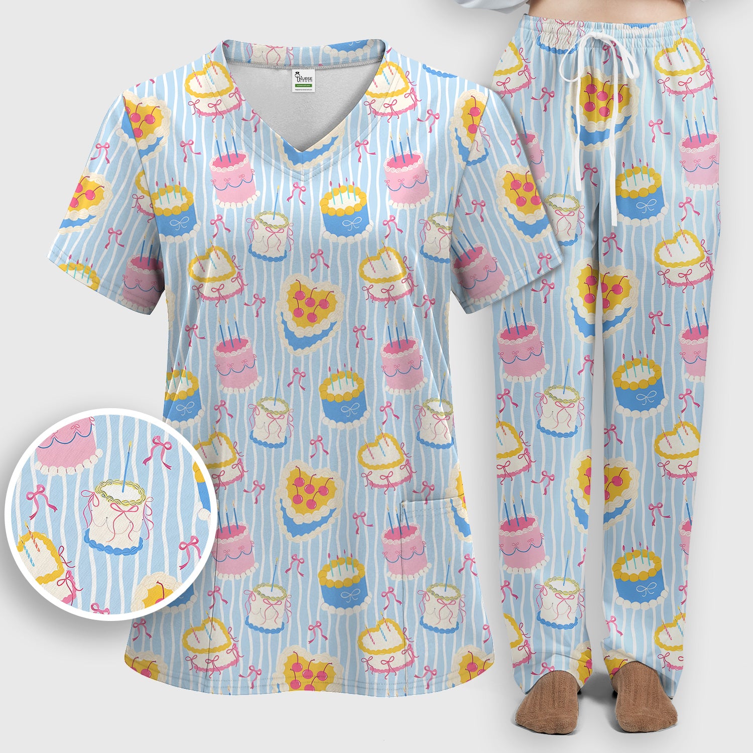 Coquette Cake Bow Stripe Pattern Scrub Set, Scrub Pants and V Neck Top