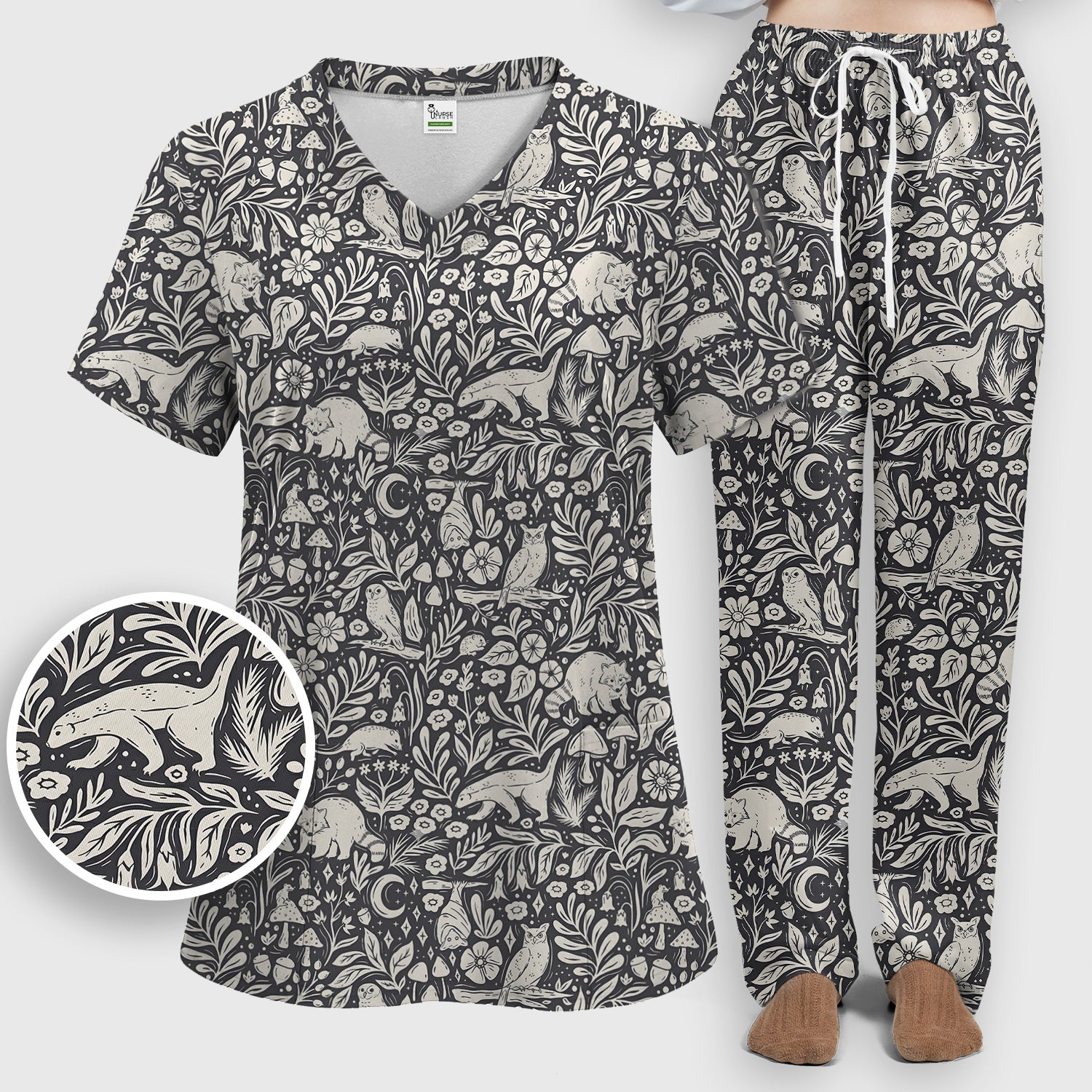 Woodland Animal Forest Pattern Scrub Set, Scrub Pants and V Neck Top
