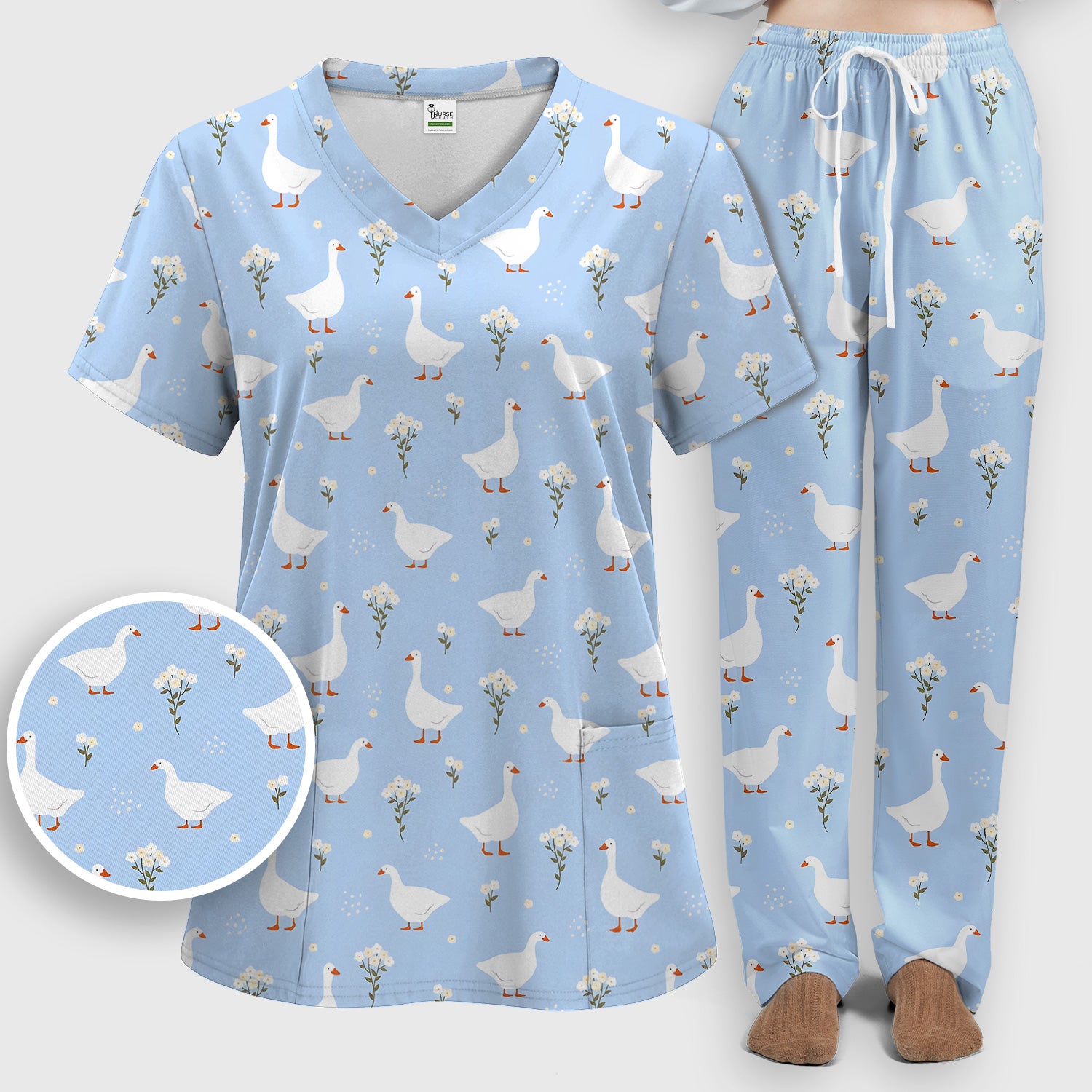 Blue Goose Floral Pattern Scrub Set, Scrub Pants and V Neck Top