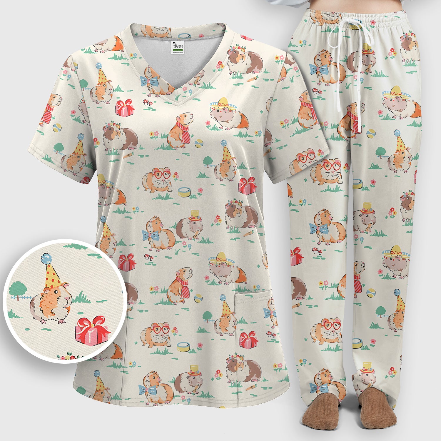 Cute Guinea Pig Party Nurse Pattern Scrub Set, Scrub Pants and V Neck Top