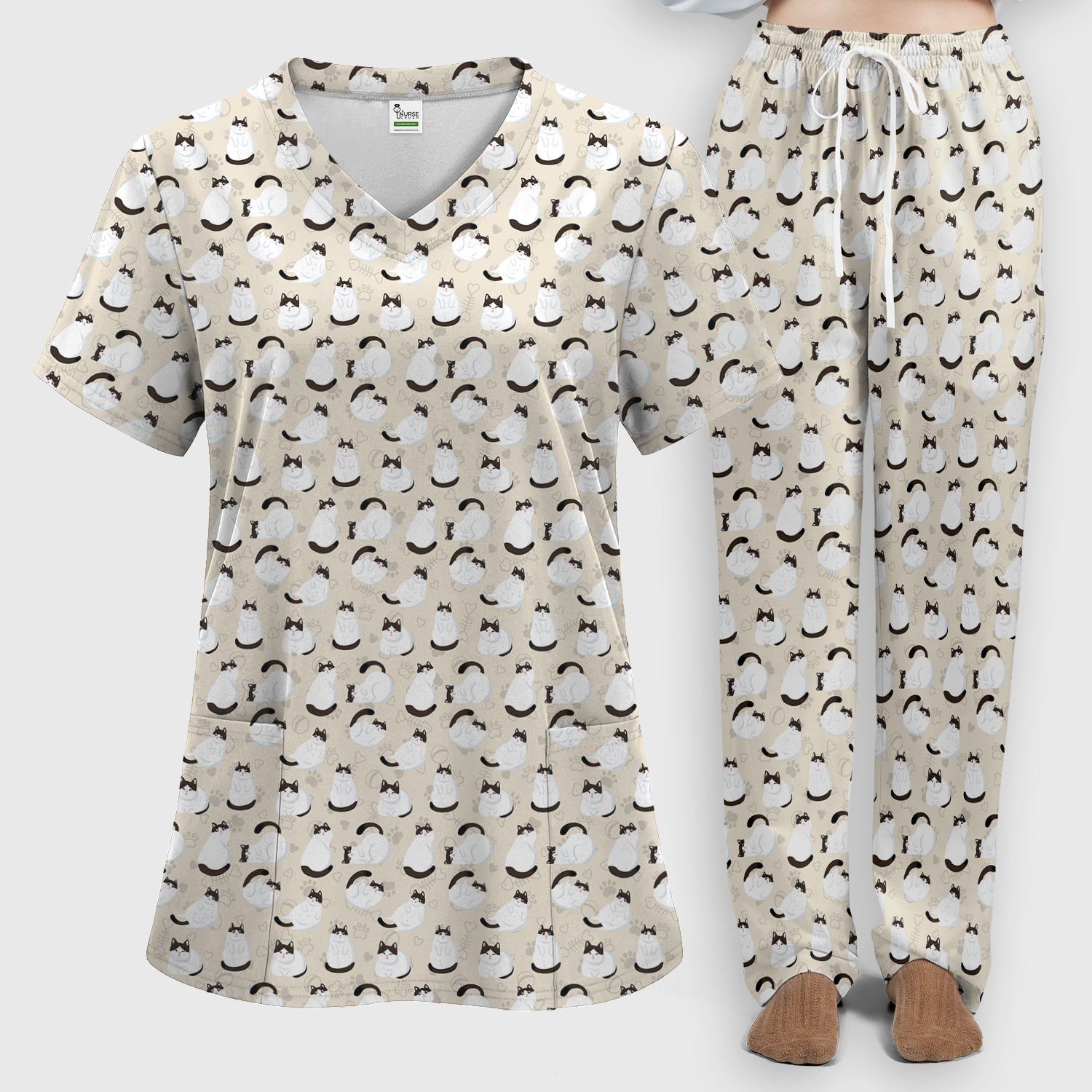 Cute Cat Pattern Medical Scrub Set, Breathable Fabrics Nursing Uniform