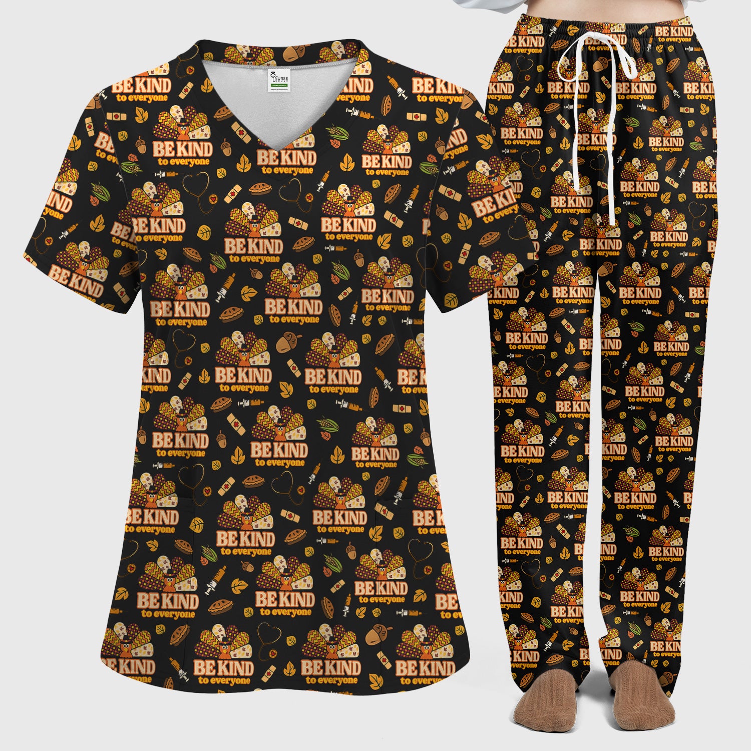 Thanksgiving Be Kind Scrub Set – Fall Nurse Shirt with Heart and Leaf Pattern – Cute Autumn Medical Uniform for Healthcare Staff