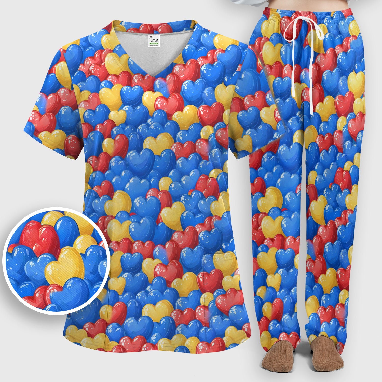 Colorful Autism Heart Pattern Scrub Set, Scrub Pants and V Neck Top