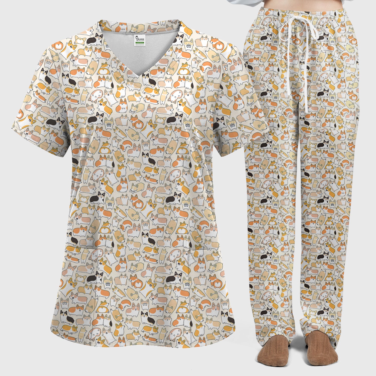 Cute Corgi Dog All Over Print Scrub Set, Scrub Pants and V Neck Top
