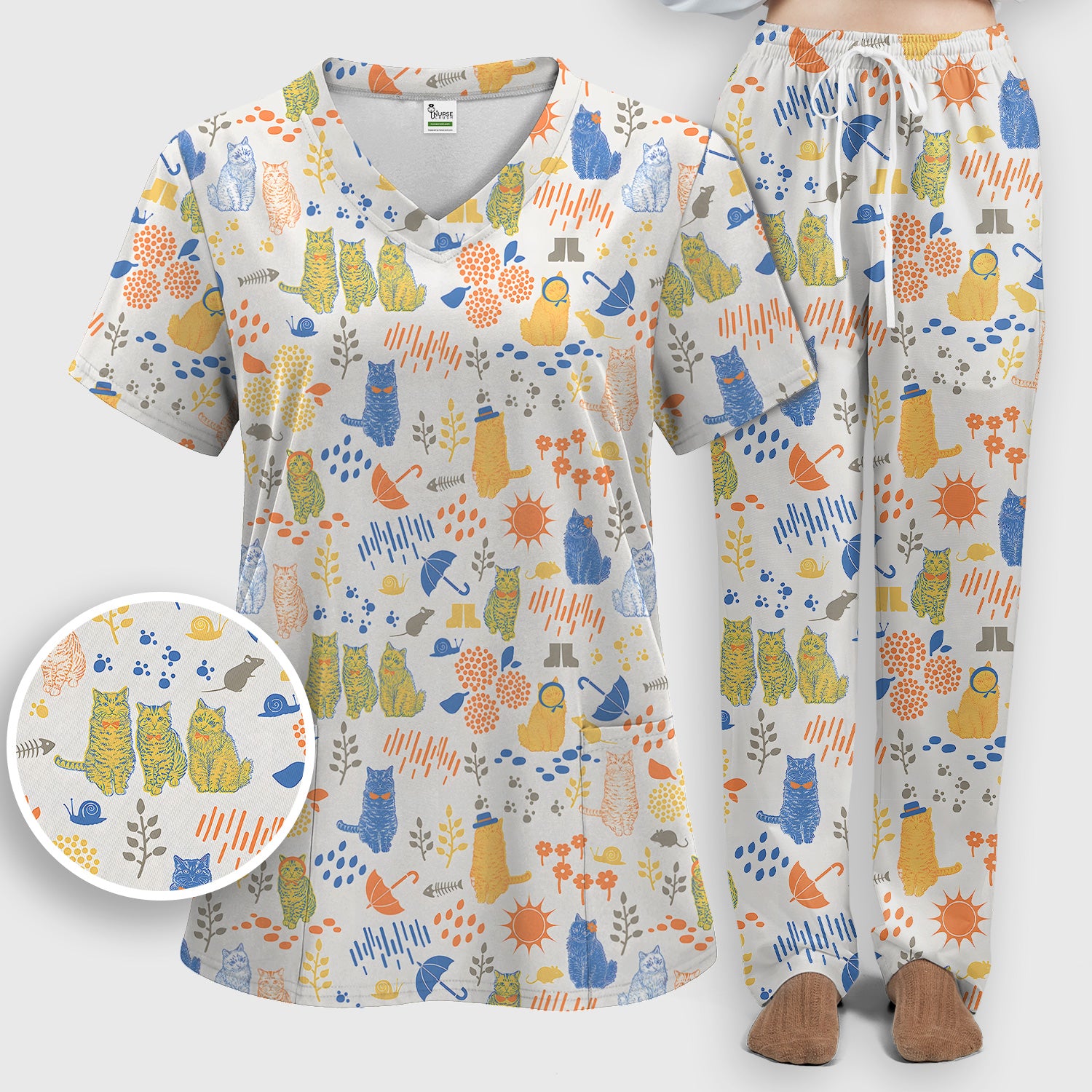 Cozy Rainy Day Cat Lover Nature Nurse Pattern Scrub Set, Scrub Pants and V Neck Top