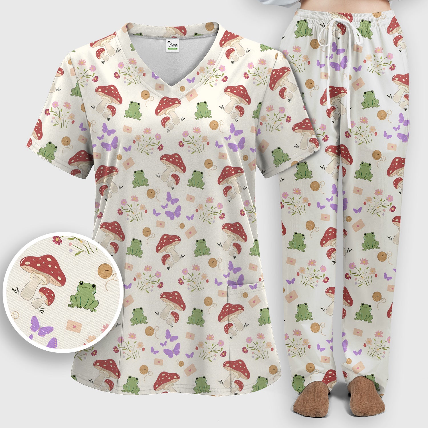 Adorable Nurse Frog and Mushroom Garden Print Scrub Set, Scrub Pants and V Neck Top