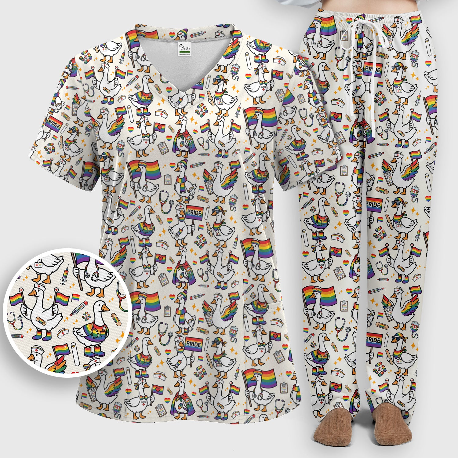 LGBT Pride Nurse Duck Pattern Scrub Set, Breathable Med Uniform