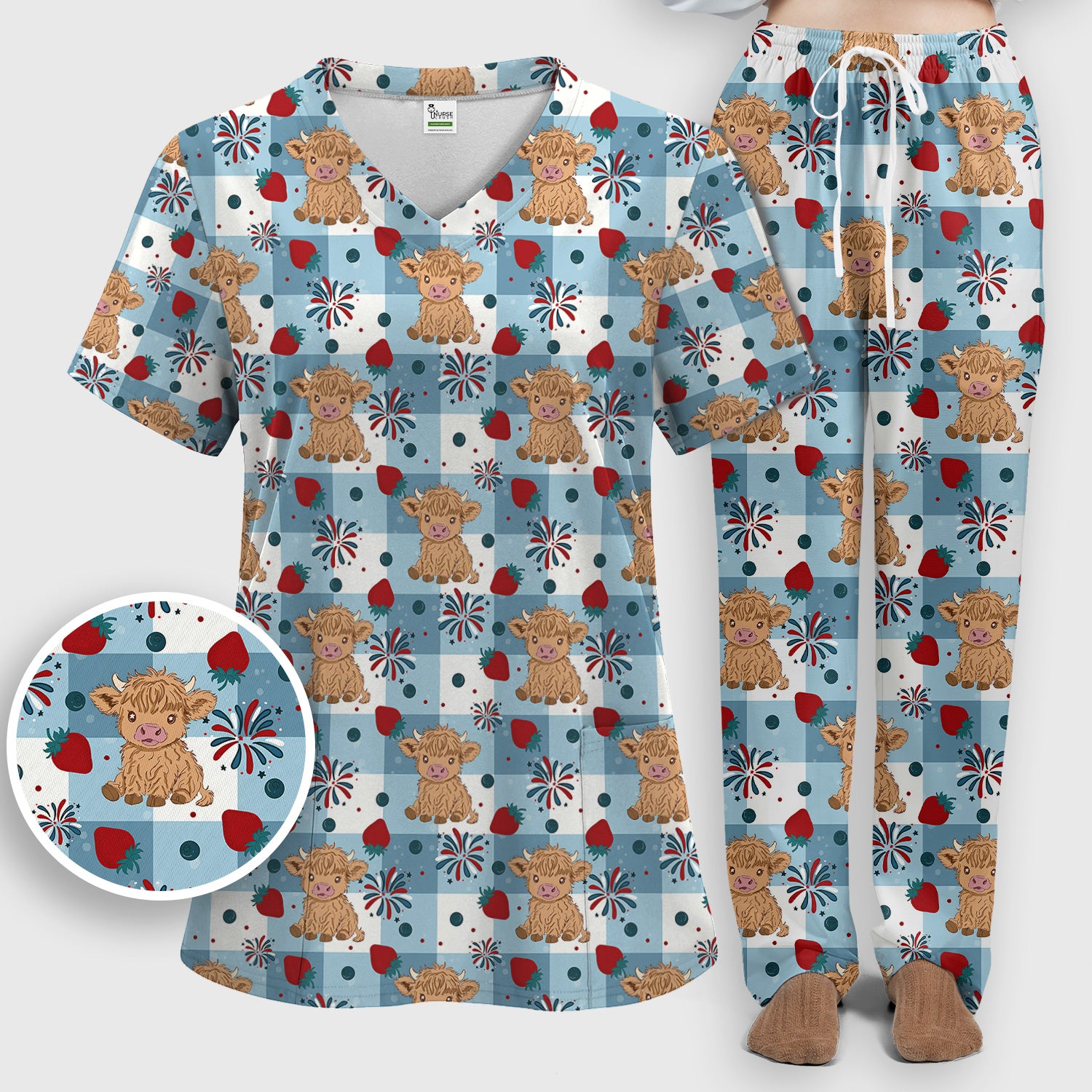 Highland Cow Strawberry Firework Gingham Pattern Scrub Set, Scrub Pants and V Neck Top