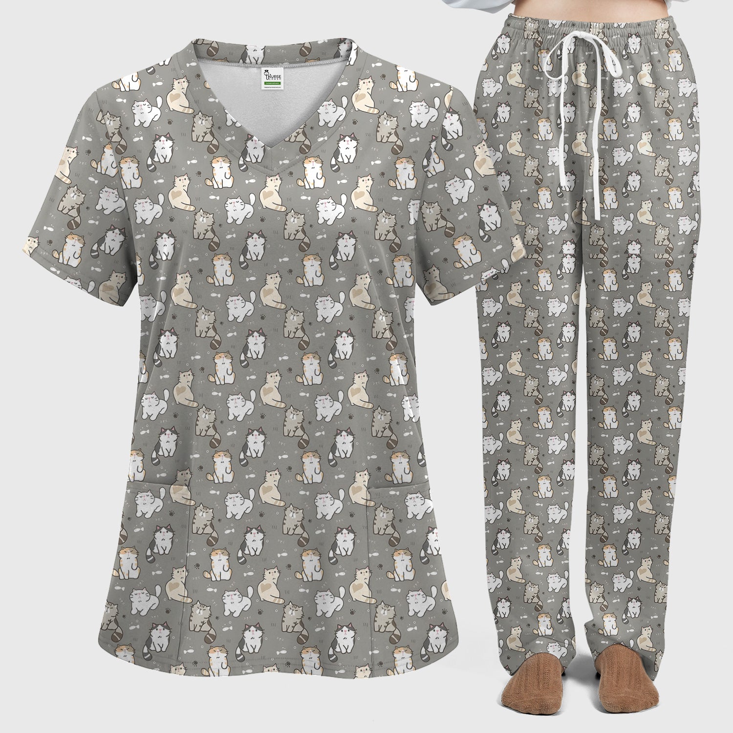Pastel Cat Scrub Set, Cute Cat Pattern Nurse Shirt, Breathable Fabrics Nursing Uniform
