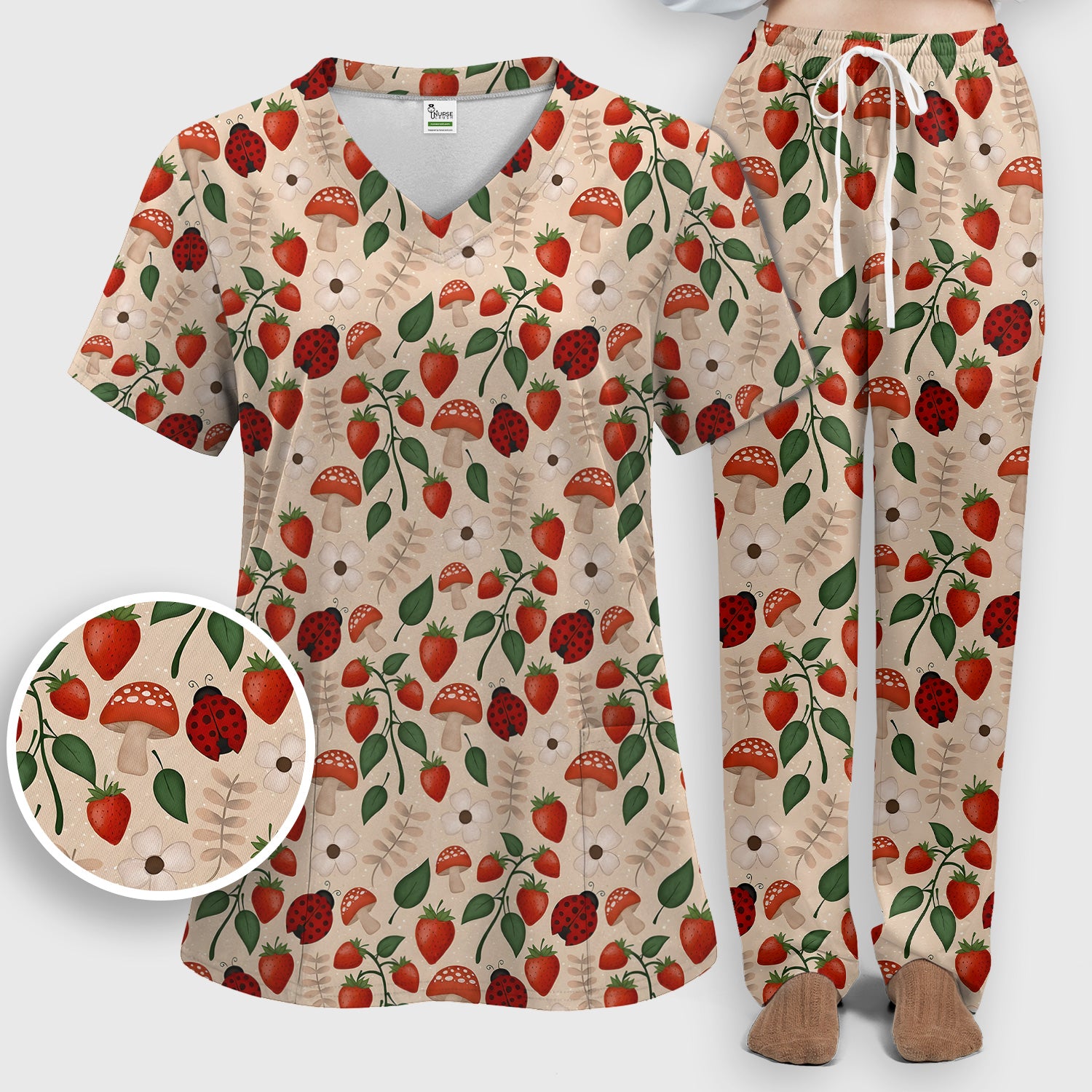 Strawberry Ladybug Mushroom Floral Scrub Set, Scrub Pants and V Neck Top