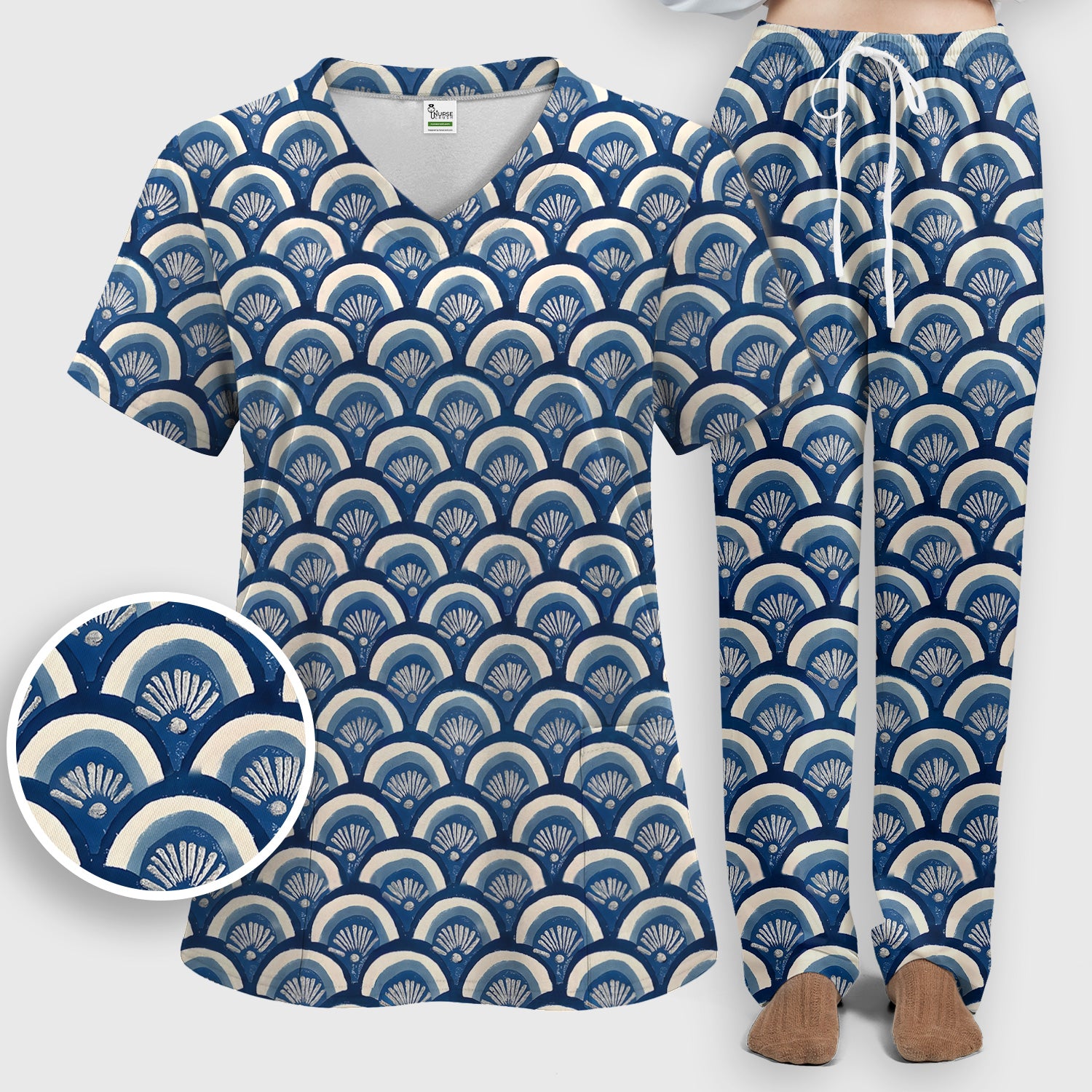 Blue Seashell Pattern Scrub Set, Scrub Pants and V Neck Top