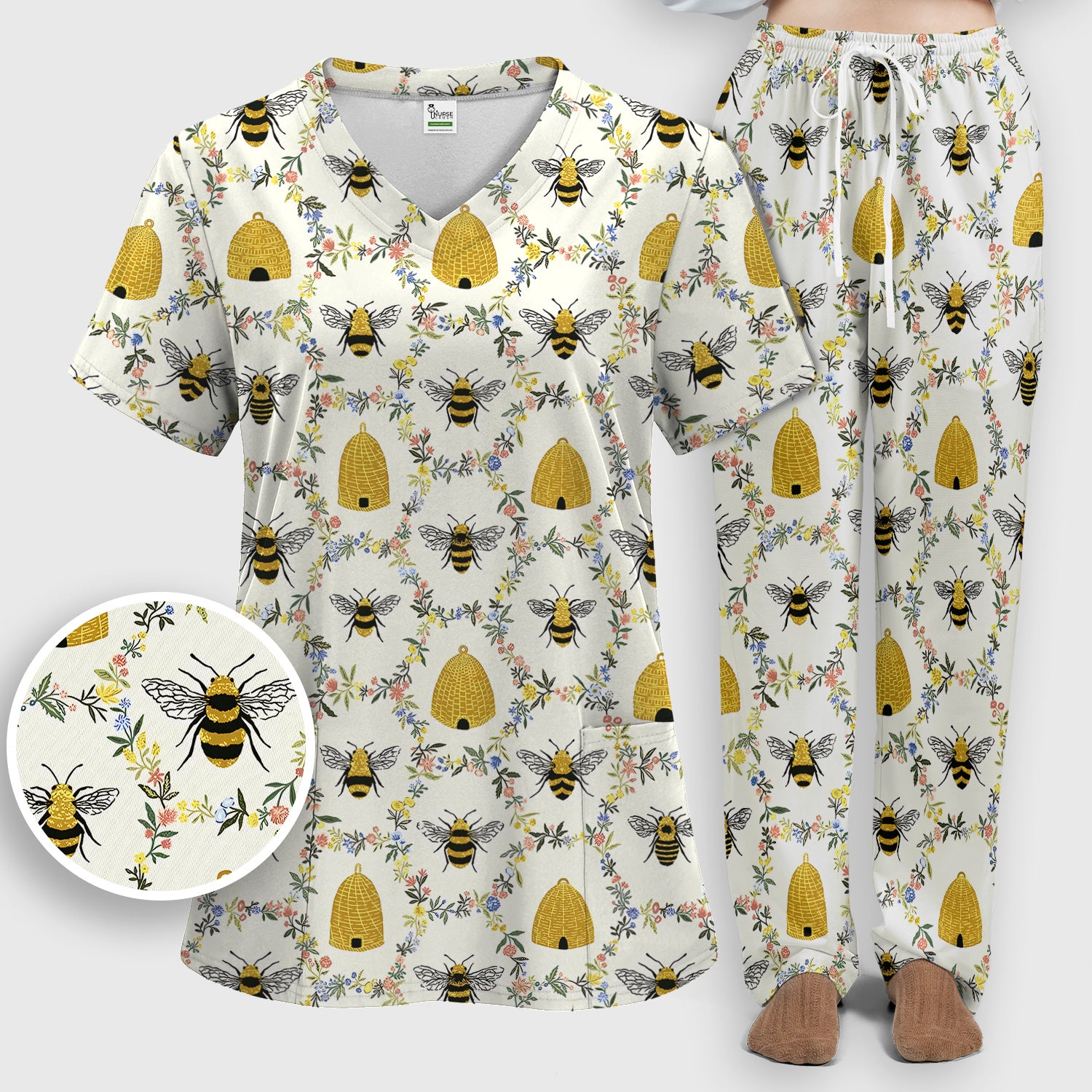 Honey Bee Beehive Floral Pattern Scrub Set, Scrub Pants and V Neck Top