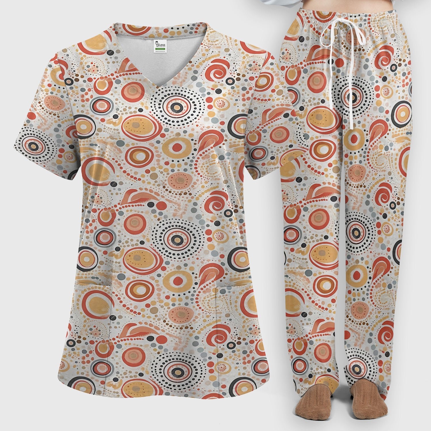 Abstract Earth Tone Dot Circle Pattern Scrub Set, Breathable Med Uniform