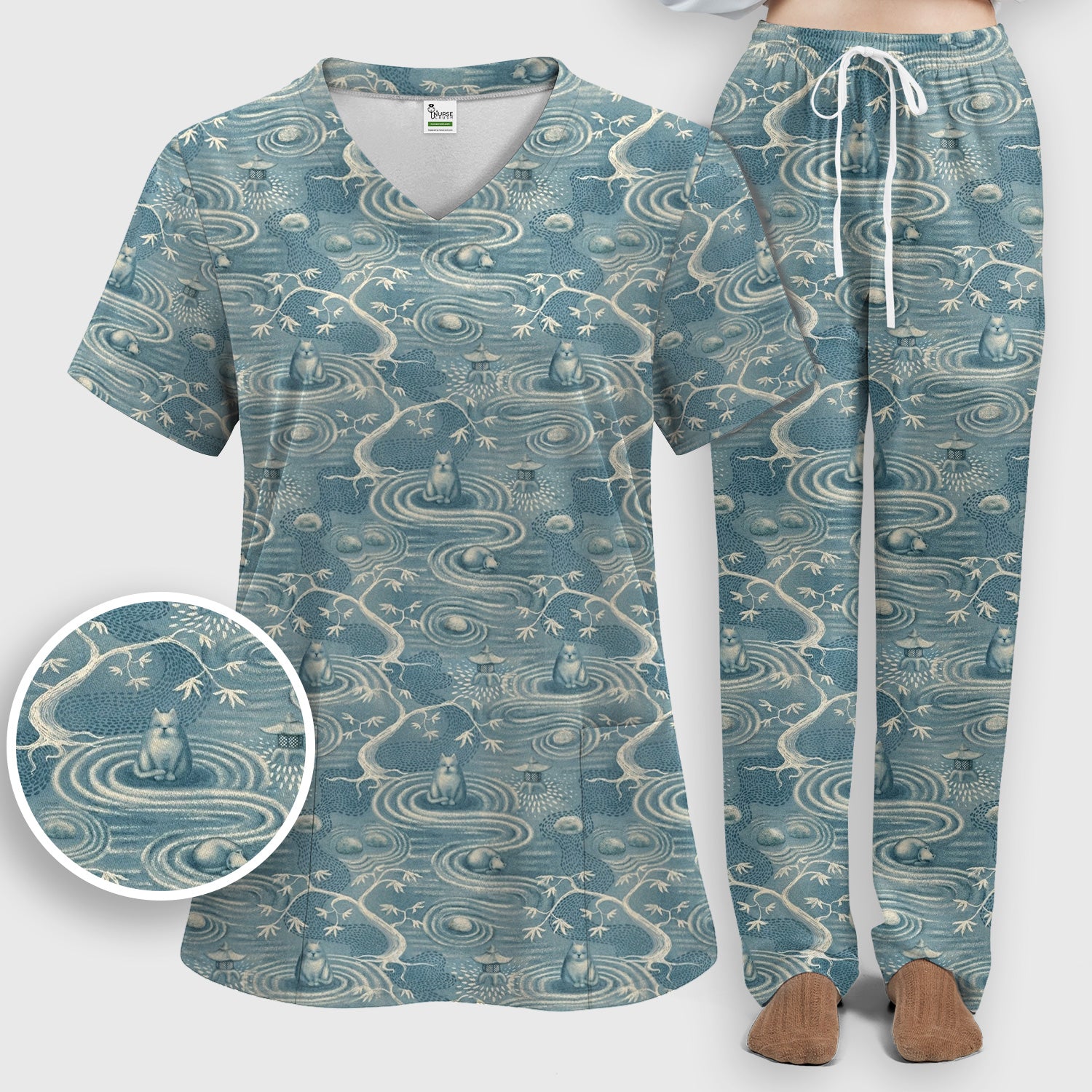 Zen Cat Water Garden Pattern Scrub Set, Scrub Pants and V Neck Top