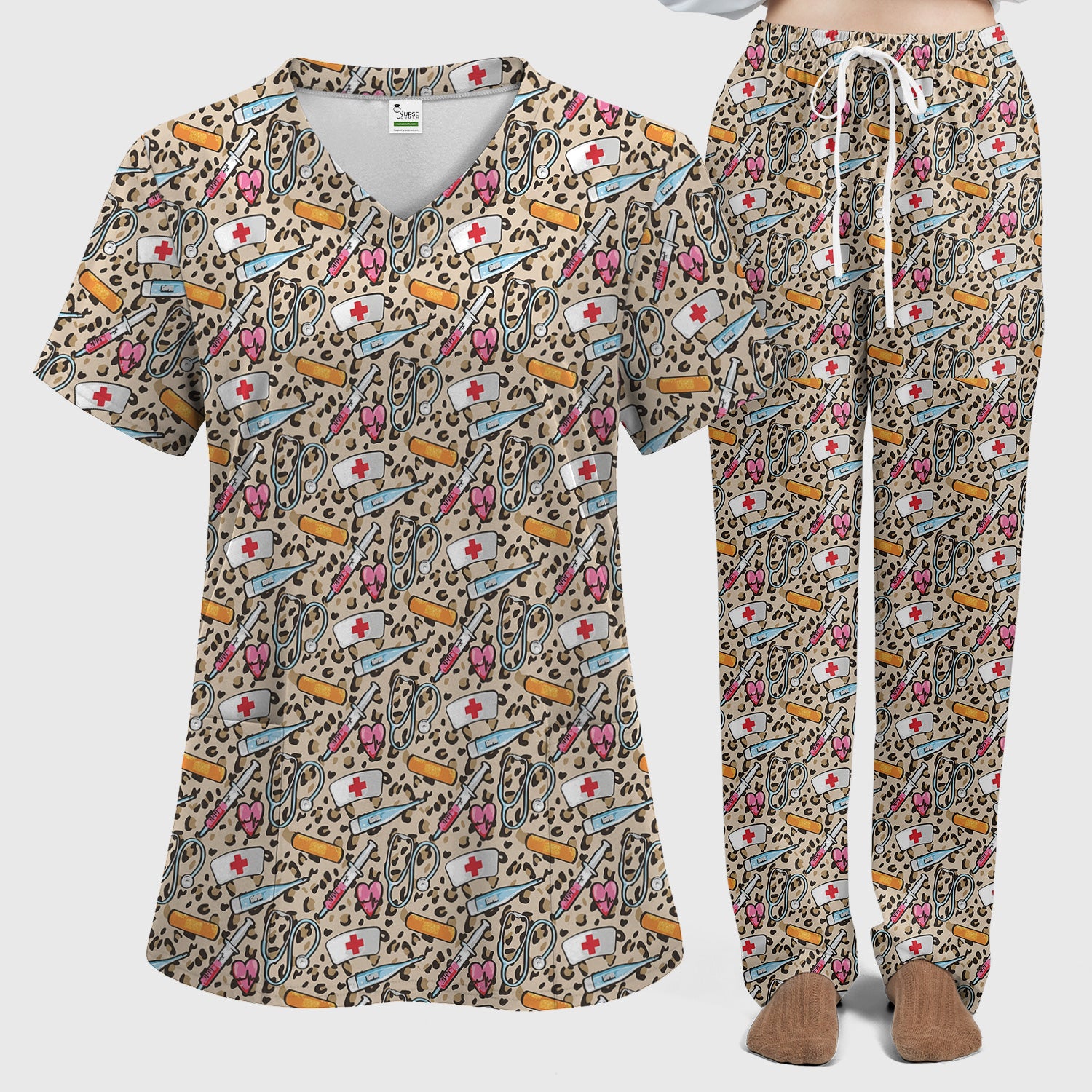 Leopard Medical Tools Pink Heart Print Scrub Set, Scrub Pants and V Neck Top