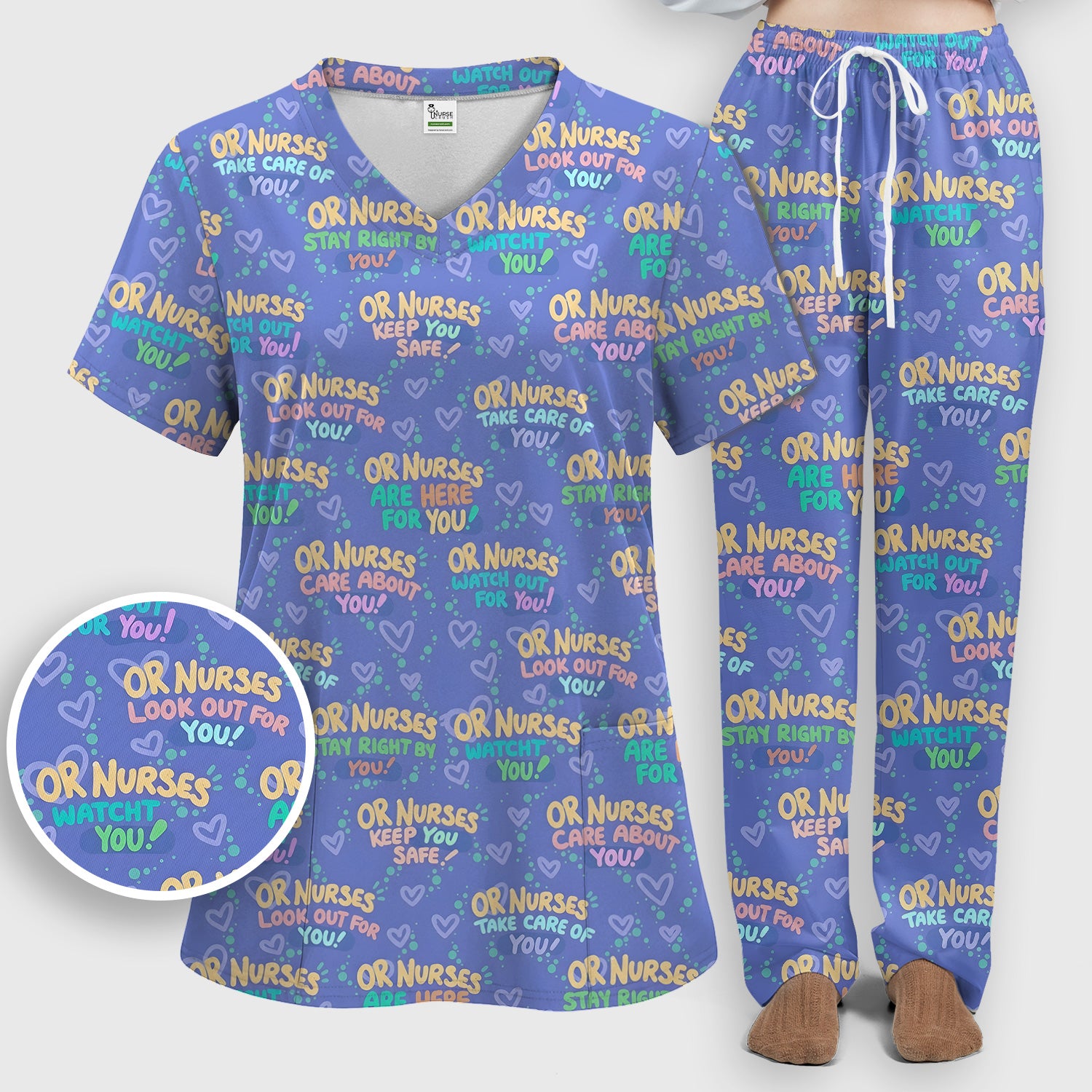 Inspirational Nurse Quote Care Message Pattern Scrub Set, Scrub Pants and V Neck Top