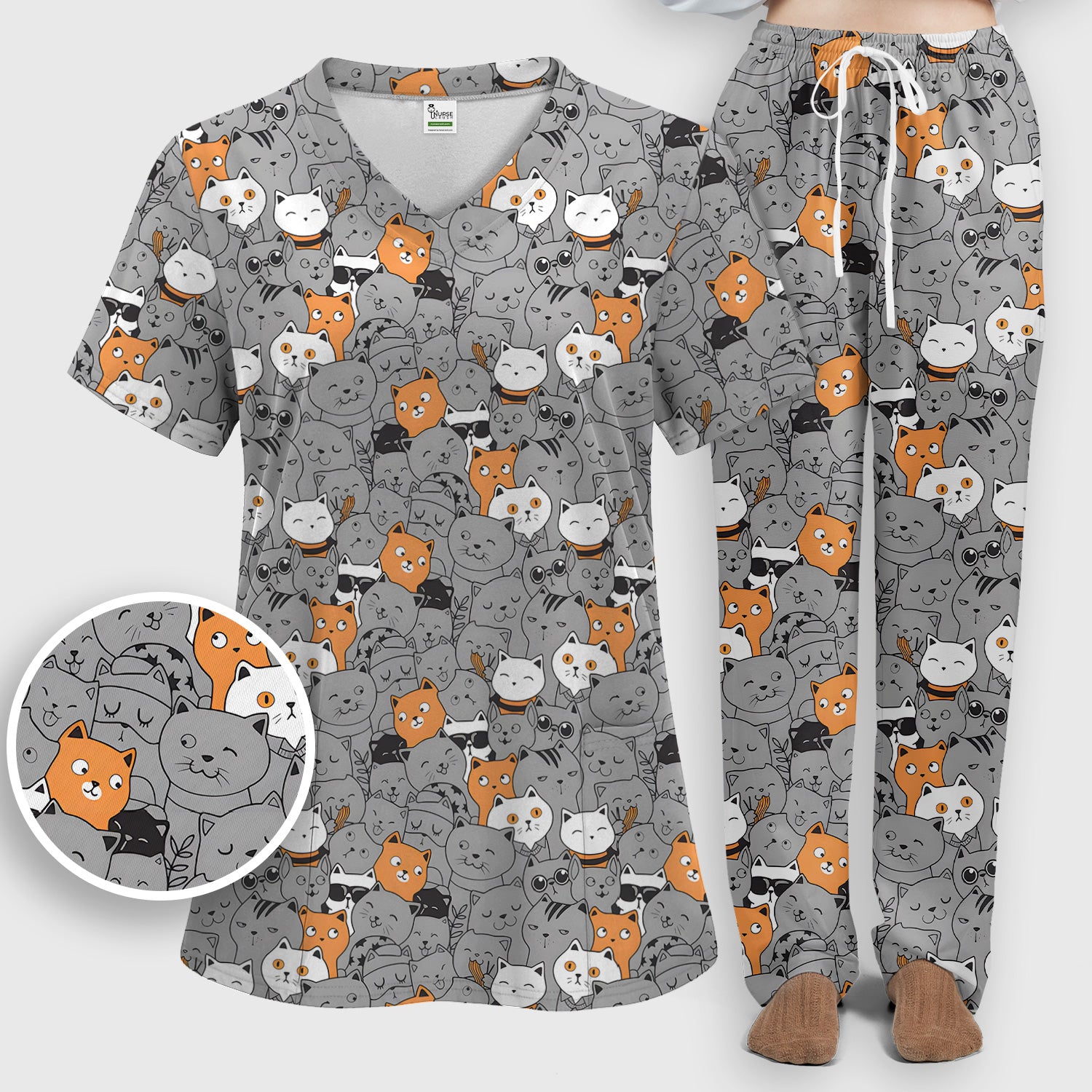 Funny Cats Cute Expressions Pattern Scrub Sets, Scrub Pants and V Neck Top
