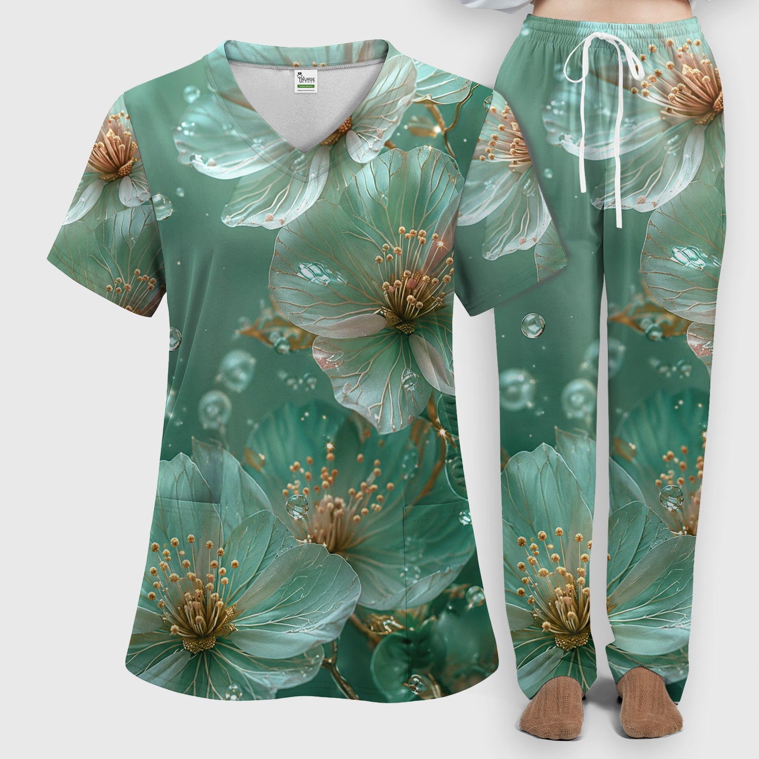 Elegant Mint Blossom Dewdrop Pattern Scrub Set, Scrub Pants and V Neck Top