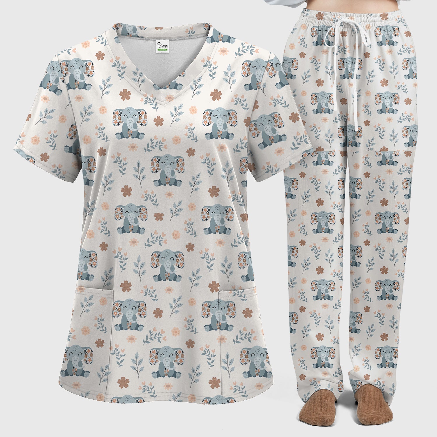 Cute Elephant Floral Print Scrub Set, Scrub Pants and V Neck Top