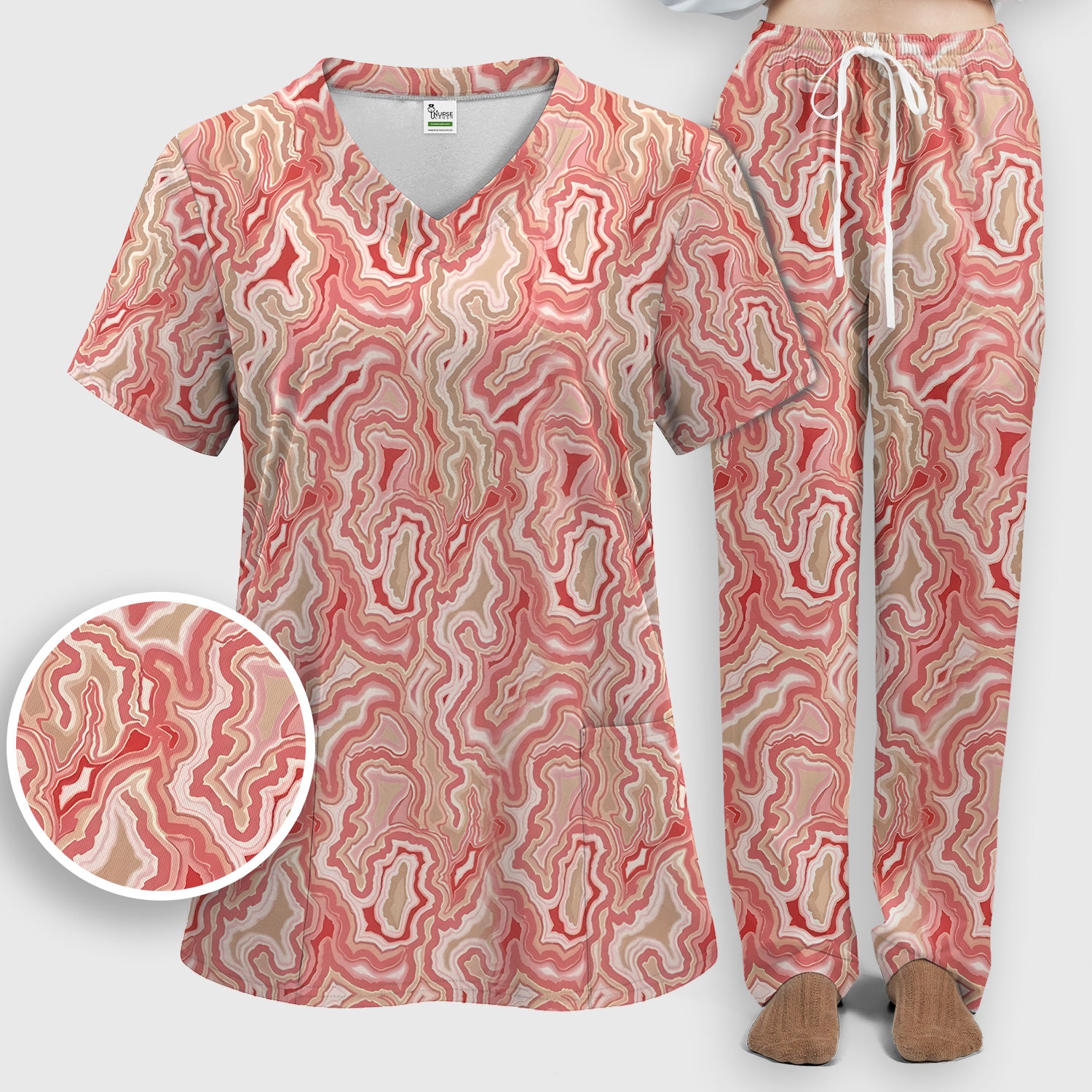 Pink Marble Swirl Abstract Pattern Scrub Set, Scrub Pants and V Neck Top