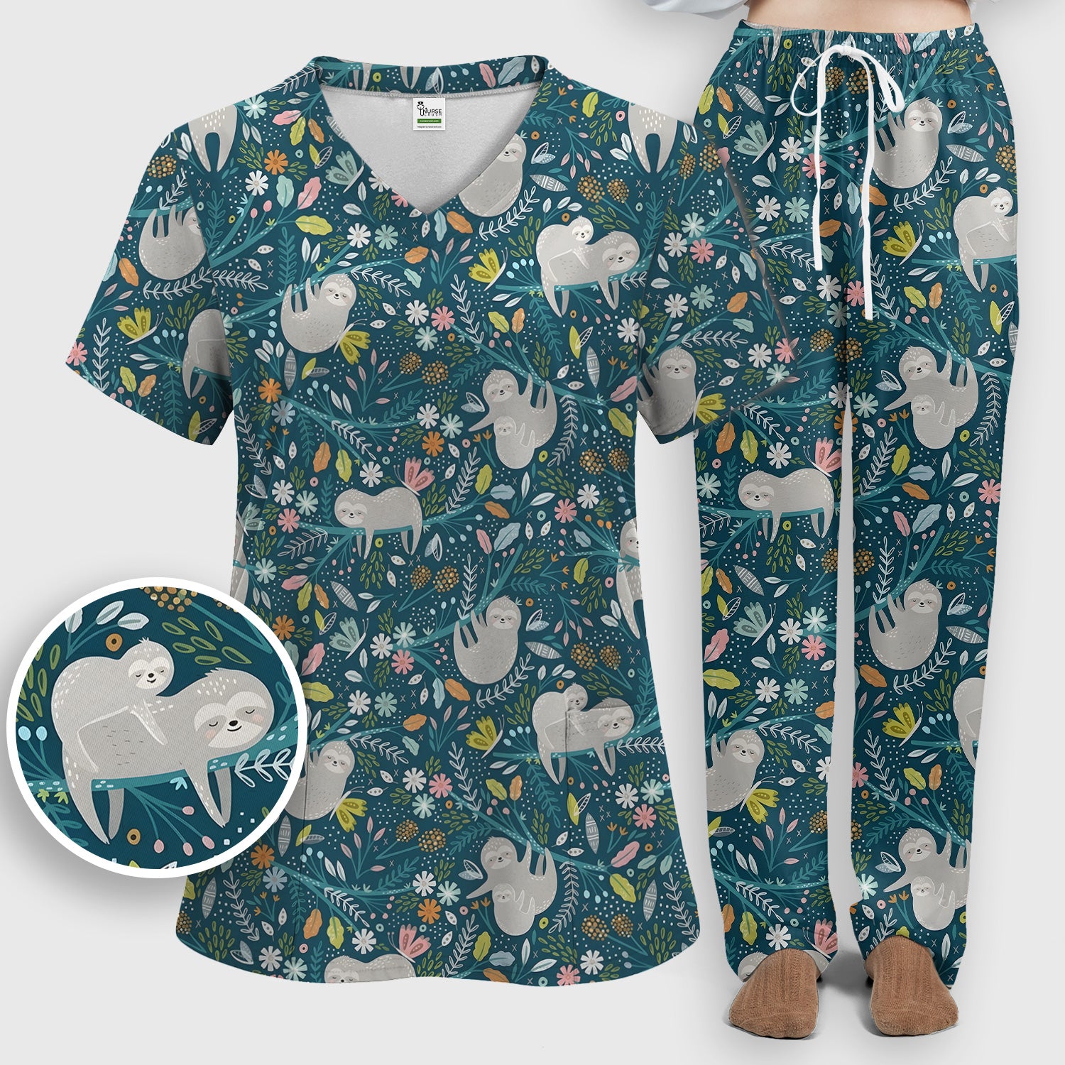 Cute Sloth Jungle Leaf Floral Pattern Scrub Set, Women's Scrub Sets