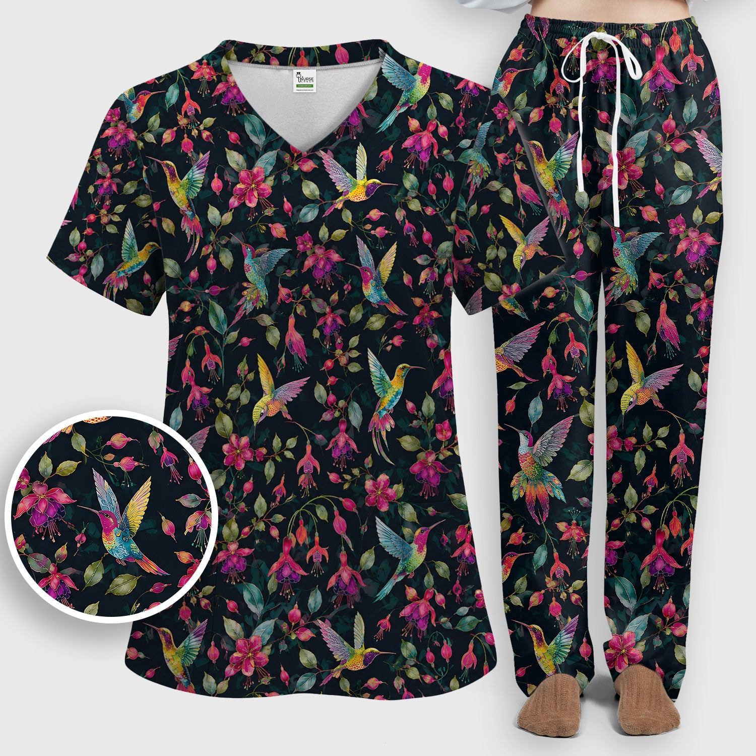 Hummingbird Fuchsia Bloom Pattern Scrub Set, Scrub Pants and V Neck Top
