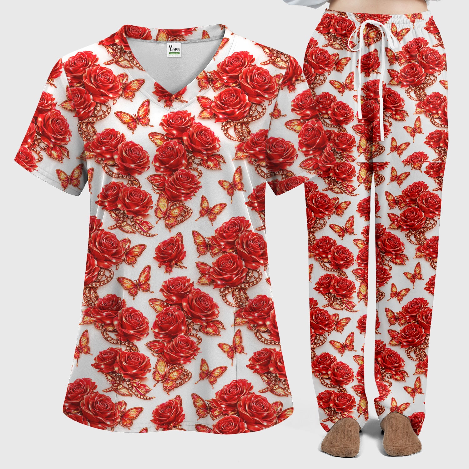 Red Rose and Butterfly Pattern Scrub Set, Comfortable Scrub Pants and V Neck Top for Nurses