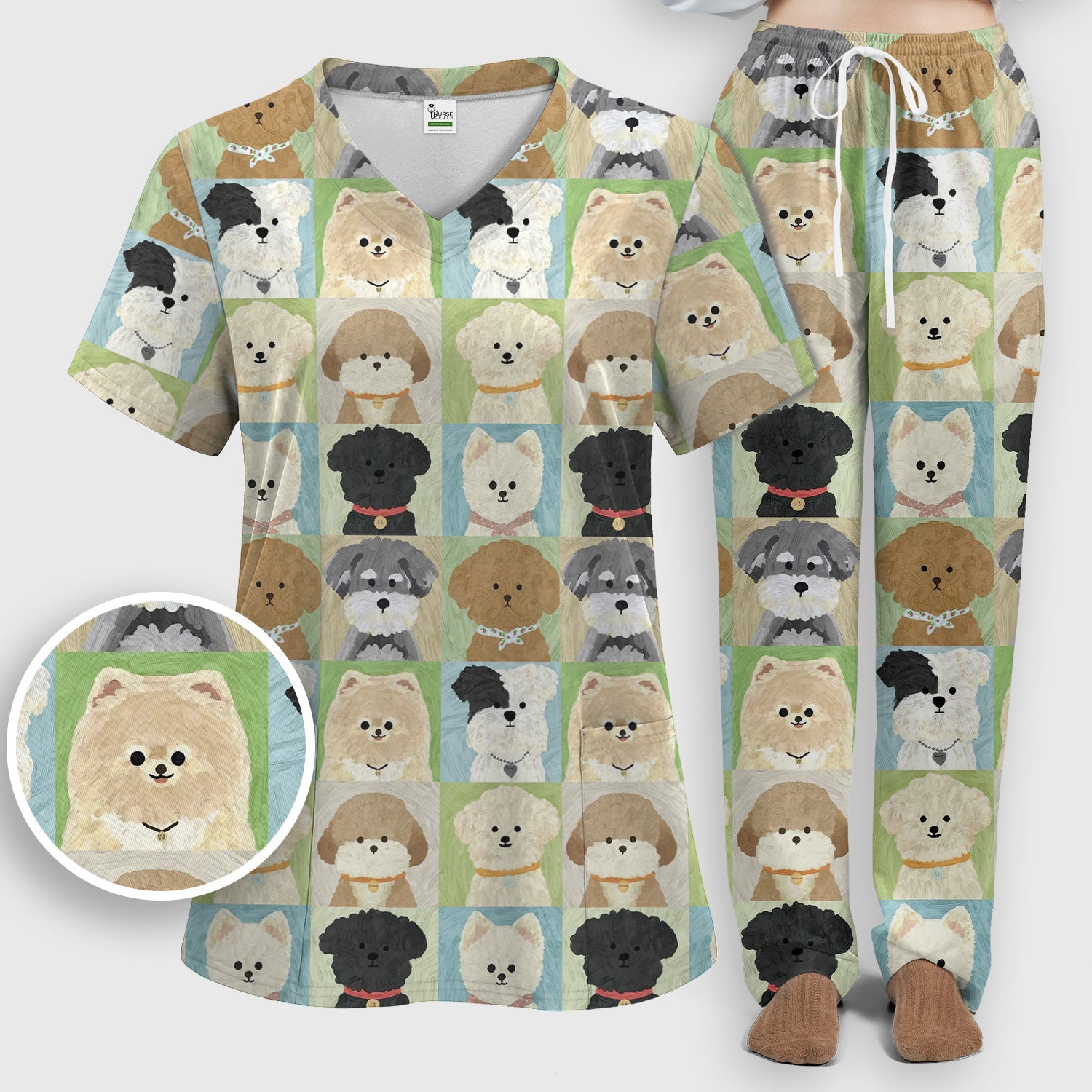 Adorable Different Dog Breeds Pattern Scrubs Sets, Scrub Pants and V Neck Top