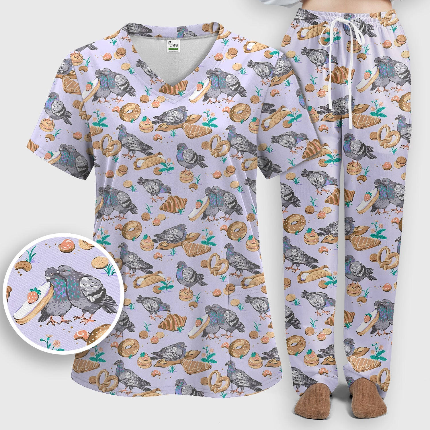 Funny Pigeon Bread Snack Nurse Pattern Scrub Set, Scrub Pants and V Neck Top