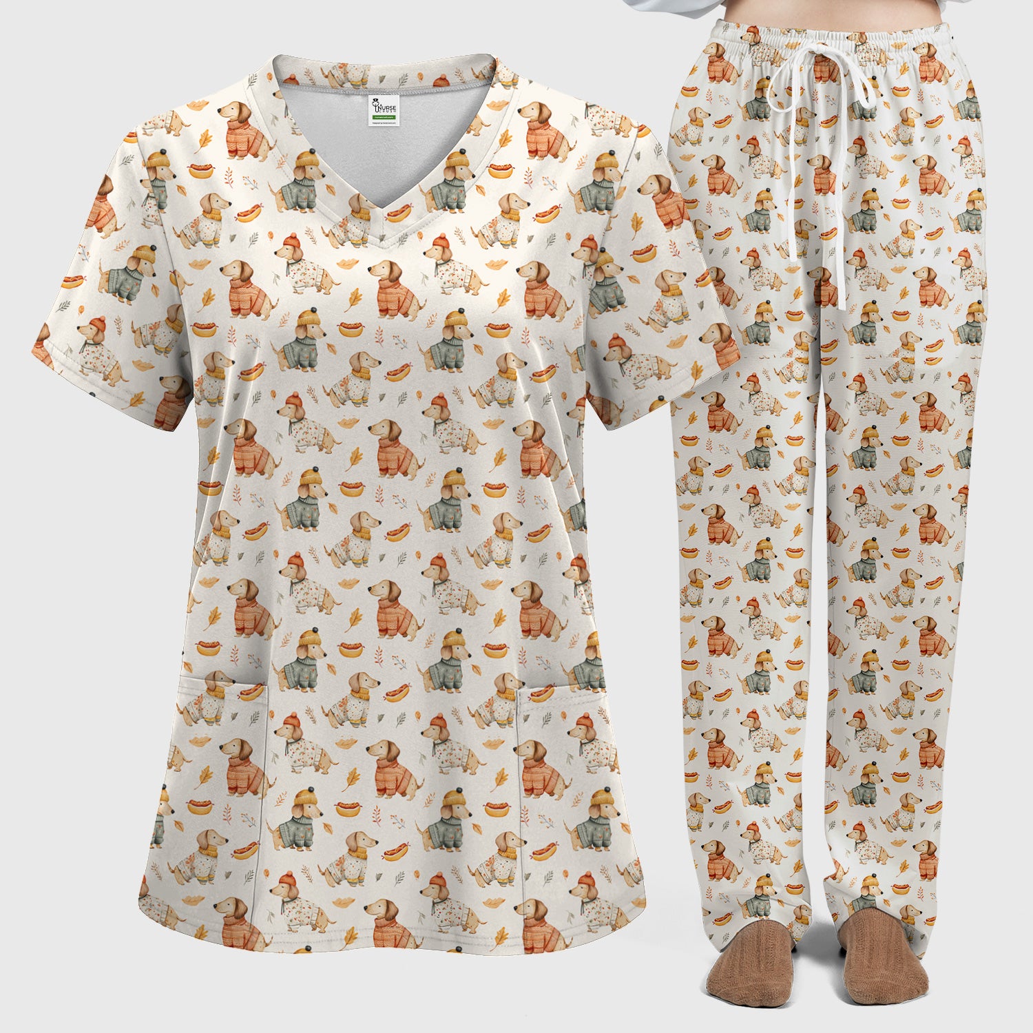 Autumn Dachshund Dog Sweater Print Scrub Set, Breathable Med Uniform