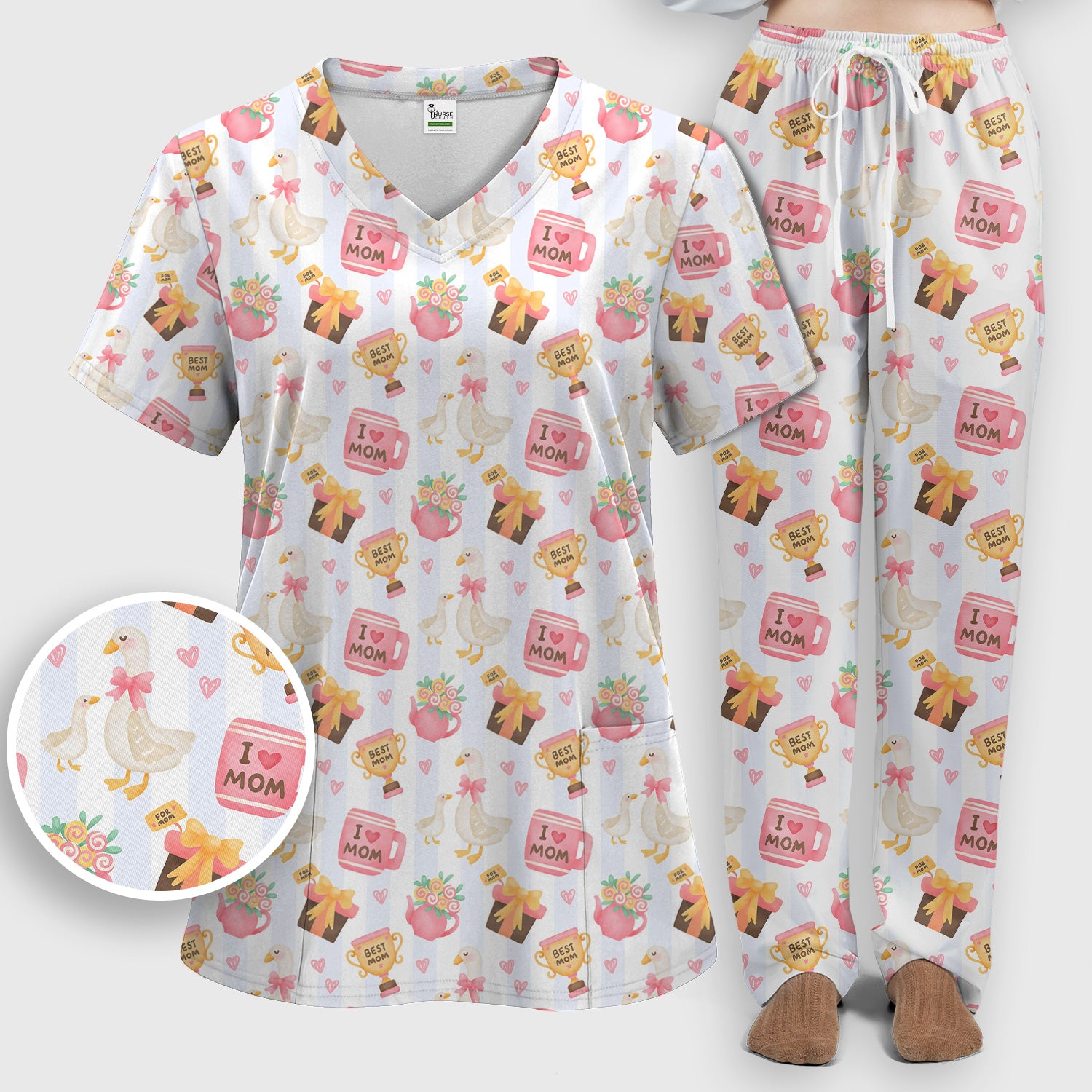 Sweet Nurse Mom Goose Gift Trophy Pattern Scrub Set, Scrub Pants and V Neck Top