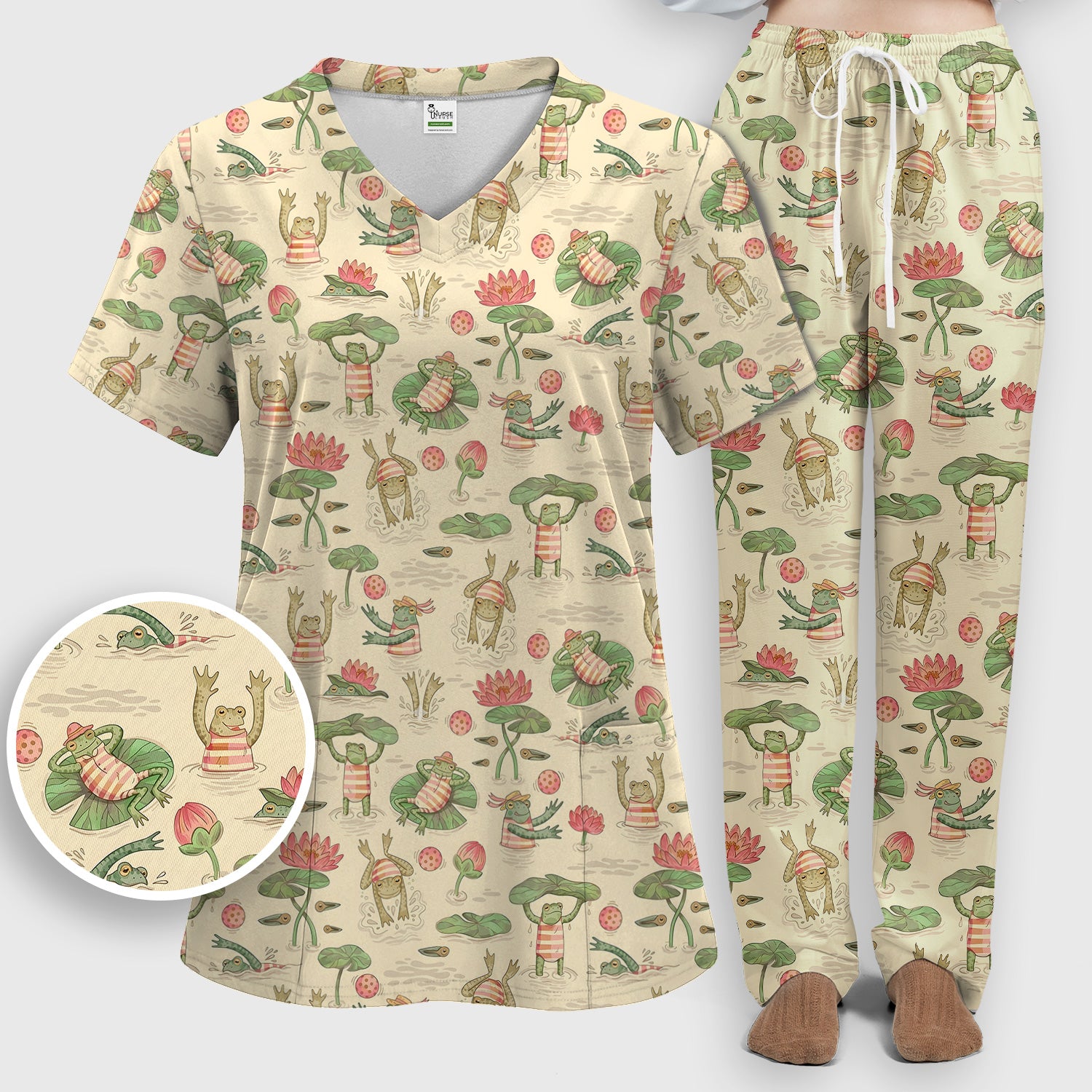 Cute Frogs Swimming Lily Pond Pattern Scrub Set, Scrub Pants and V Neck Top